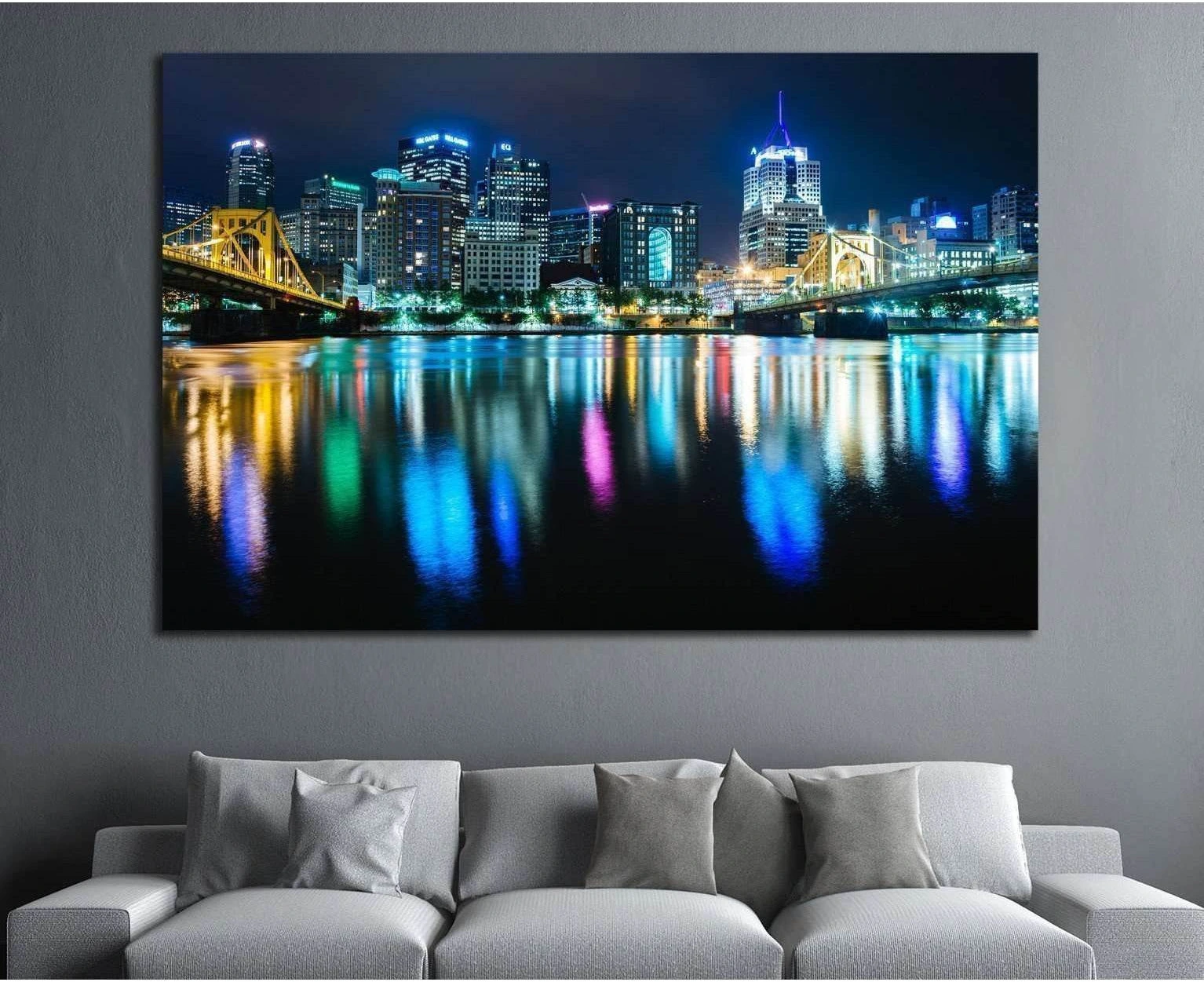 Pittsburgh skyline canvas print with bridge lights reflecting in the Allegheny River at night