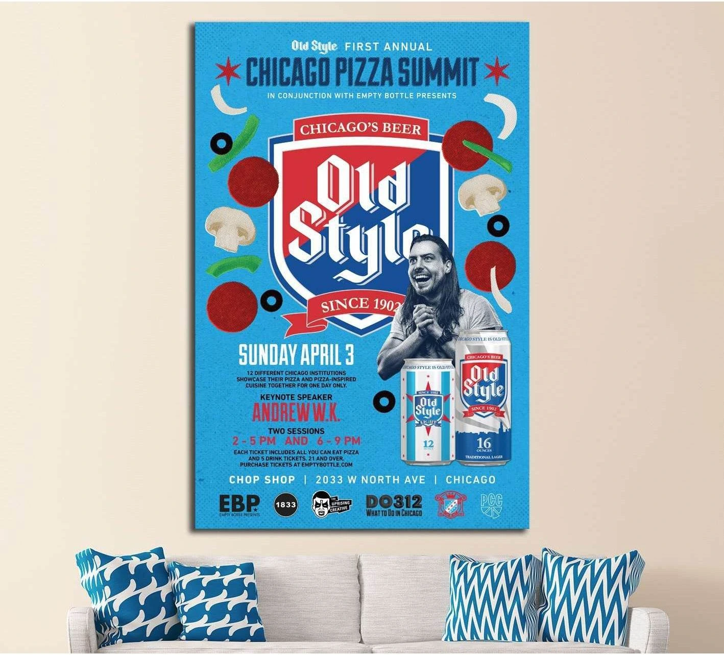 Retro Chicago pizza poster canvas print with Old Style beer graphics hung above a sofa