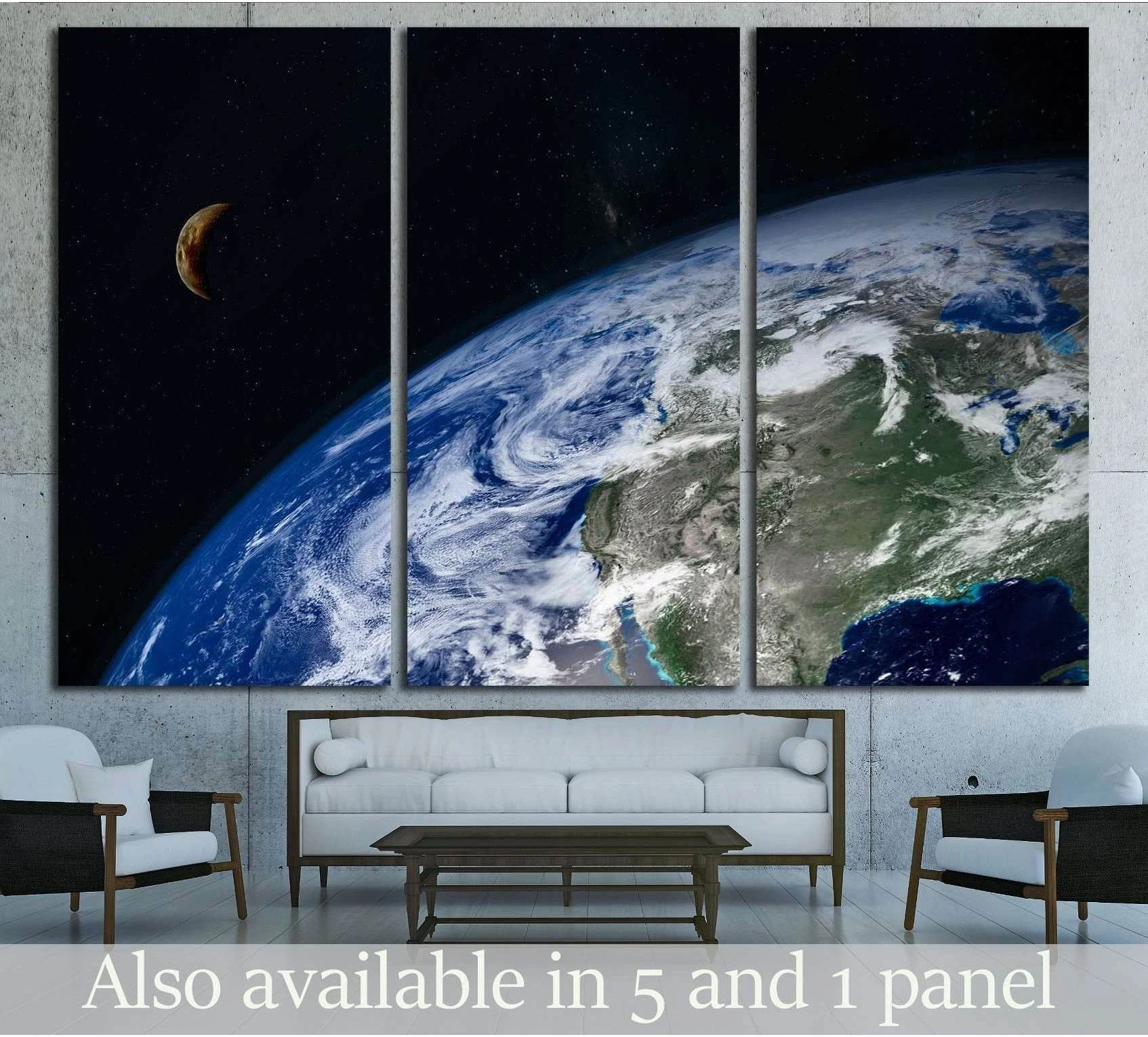 Planet Earth and moon triptych canvas print above sofa in a modern living room