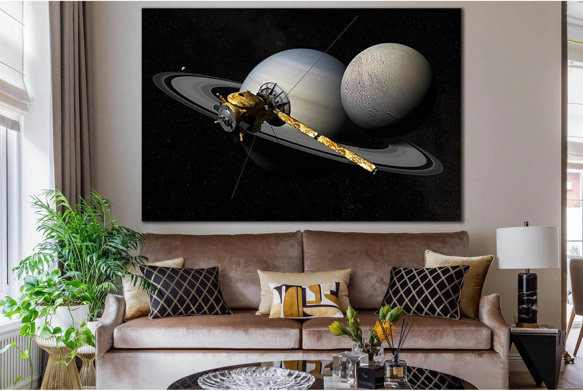 Planet Saturn And Its Satellite №SL979 Ready to Hang Canvas Print - Zellart Canvas Prints 0new, ALL_Products, Astronomy & Space Canvas Wall Art