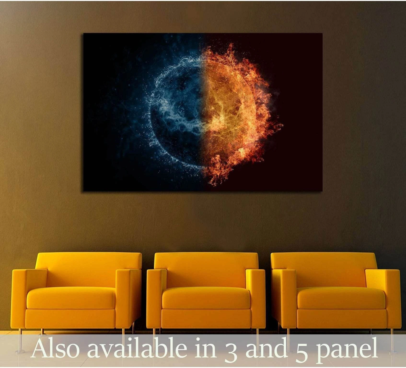 Fire and water planet canvas print above yellow chairs in a modern living room mockup