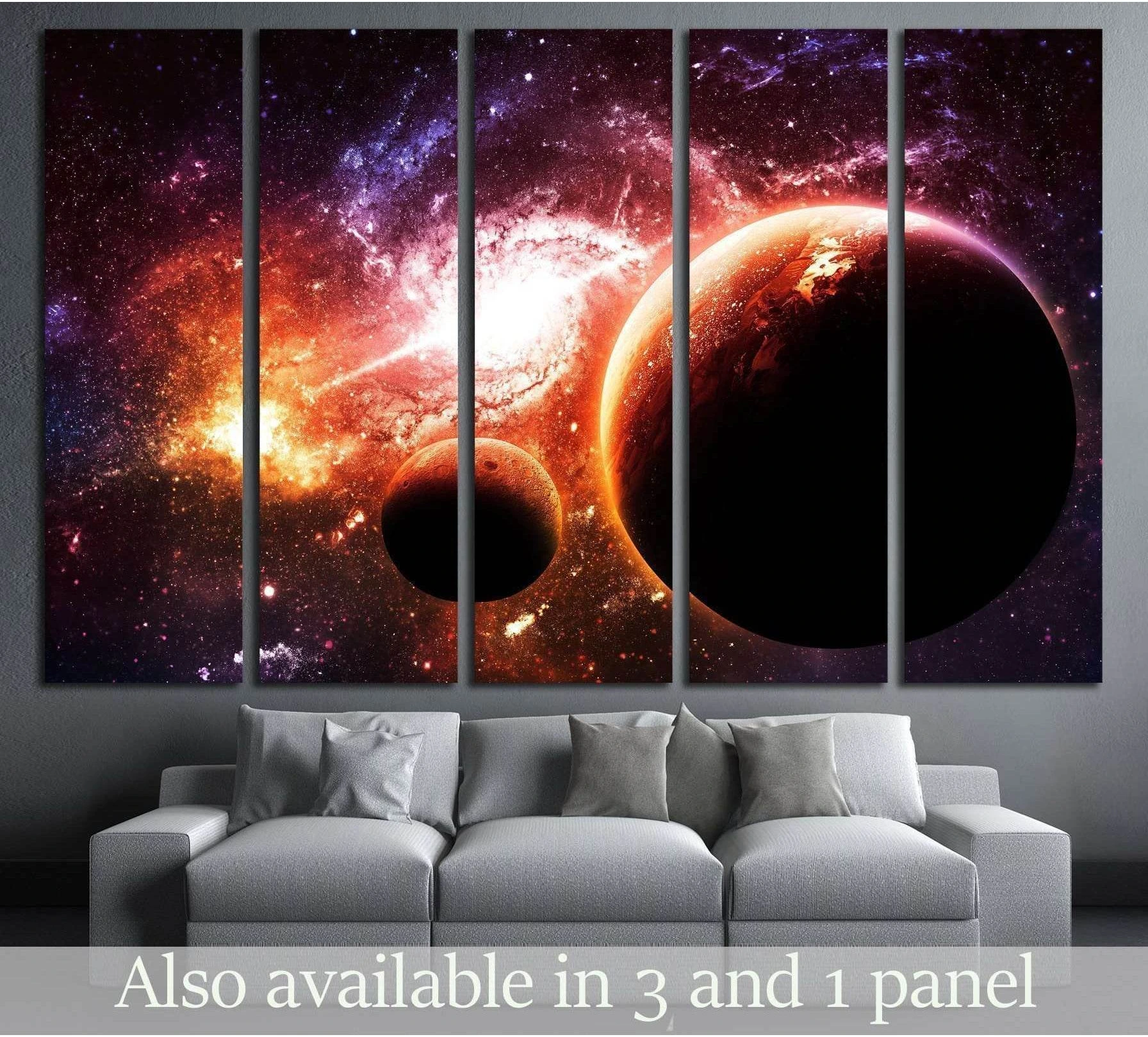 Golden galaxy planets canvas print in a five-panel space wall art display above a gray sofa
