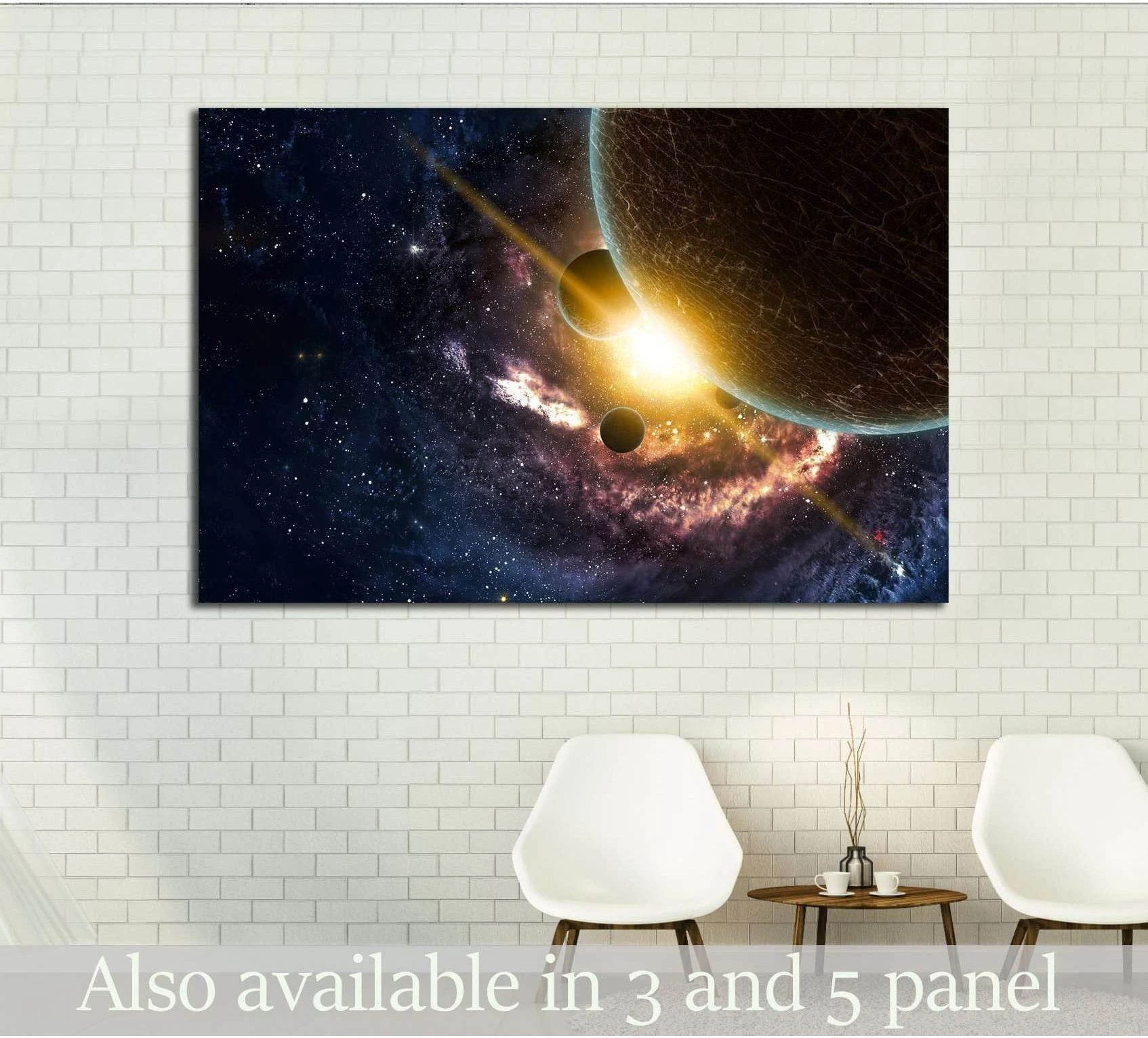 Planets and glowing nebula canvas print hung above chairs in a modern office waiting room