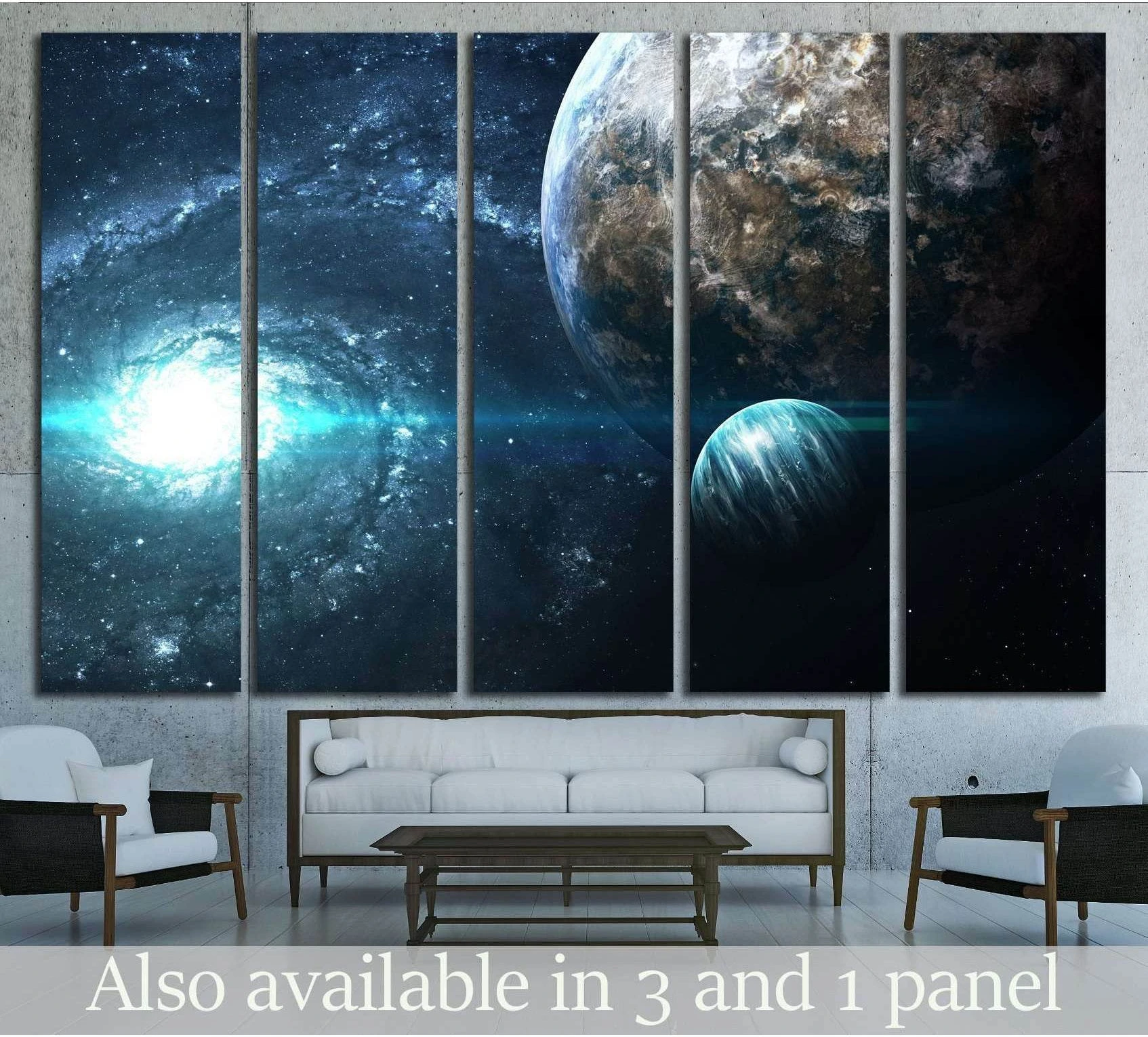 Multi-panel space planets canvas print with blue nebula wall art above sofa in modern living room