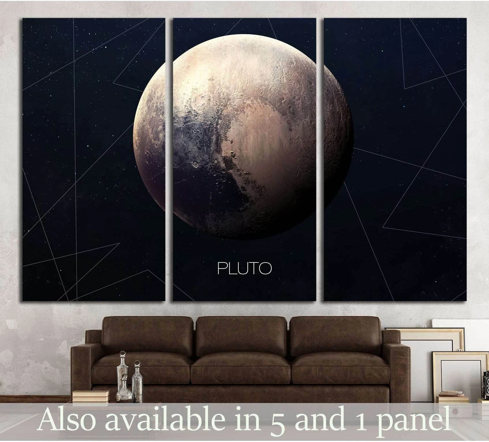 Triptych Pluto canvas print with realistic planet on dark starry background above a brown sofa