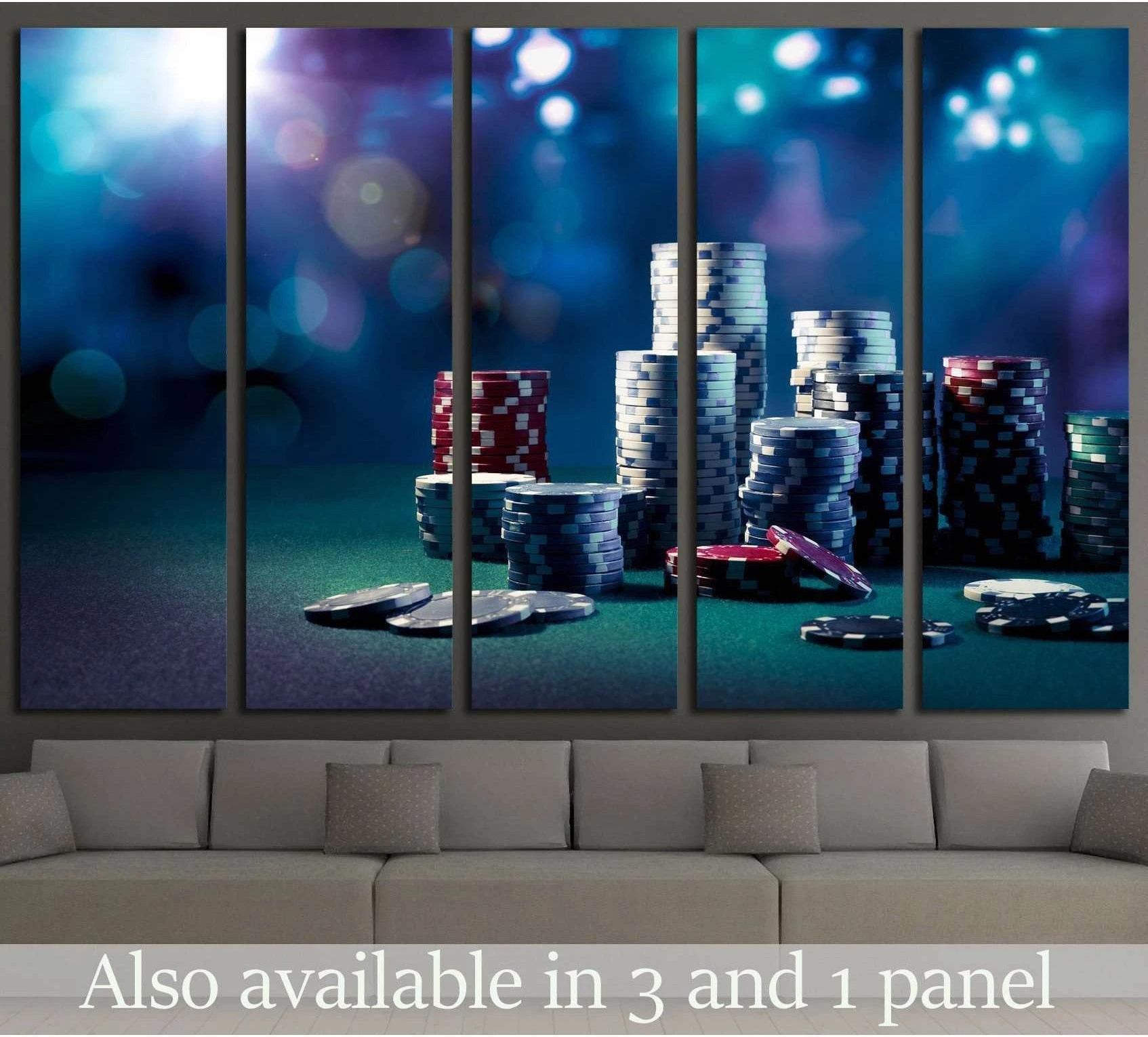 Stacked poker chips canvas print on green felt with blue bokeh background above a sofa