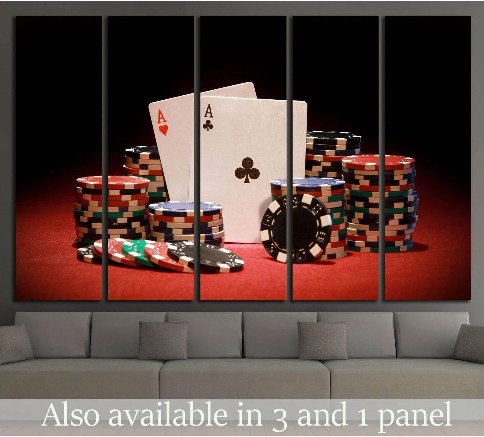 Poker chips and ace playing cards canvas print above sofa in a modern game room