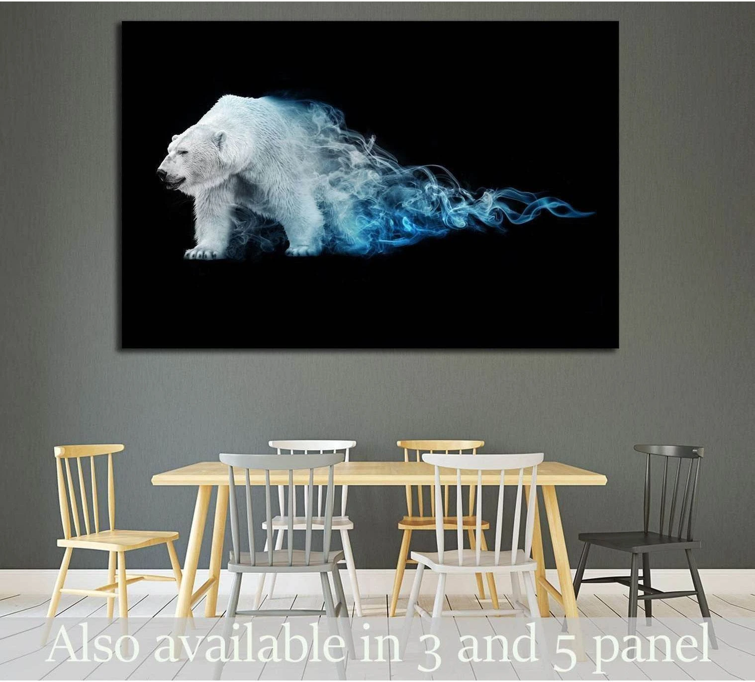 Abstract polar bear canvas print with icy blue smoke effect on black background above dining table
