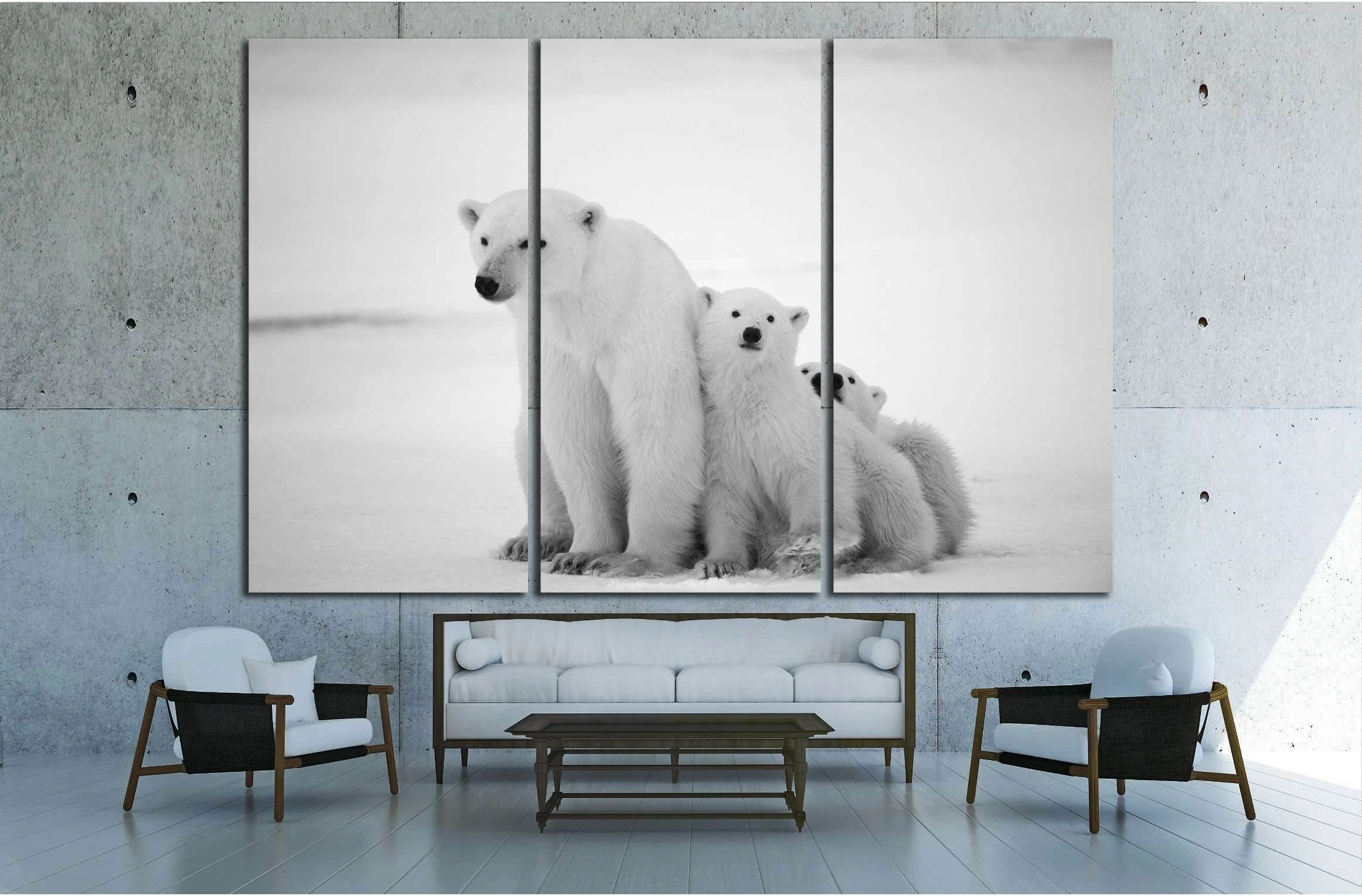 Polar she-bear with cubs. A Polar she-bear with two small bear cubs. Around snow №2338 Ready to Hang Canvas Print - Zellart Canvas Prints ALL_Products, s-2338