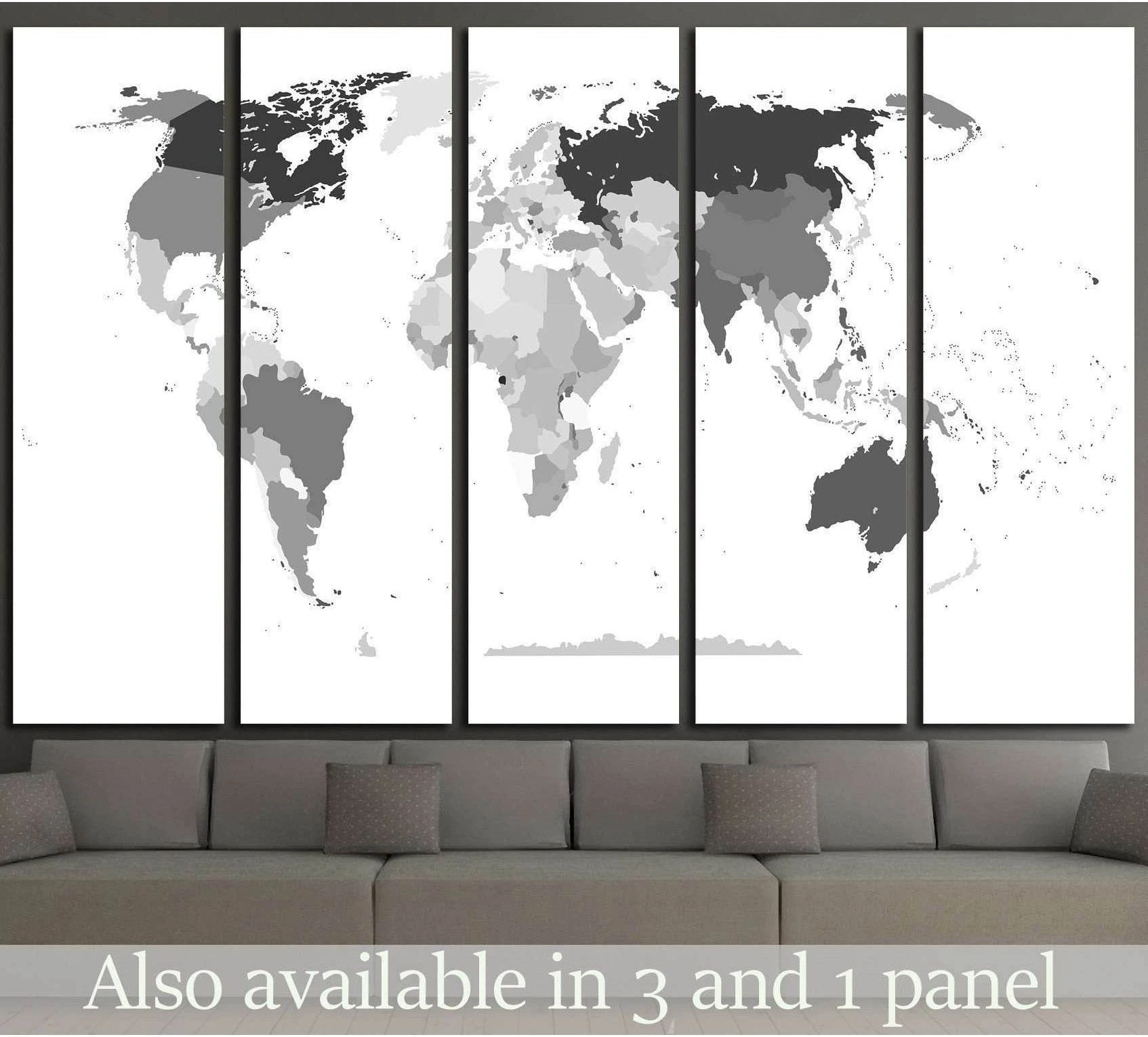 Five-panel political world map canvas print in grey tones above a sofa in a modern living room