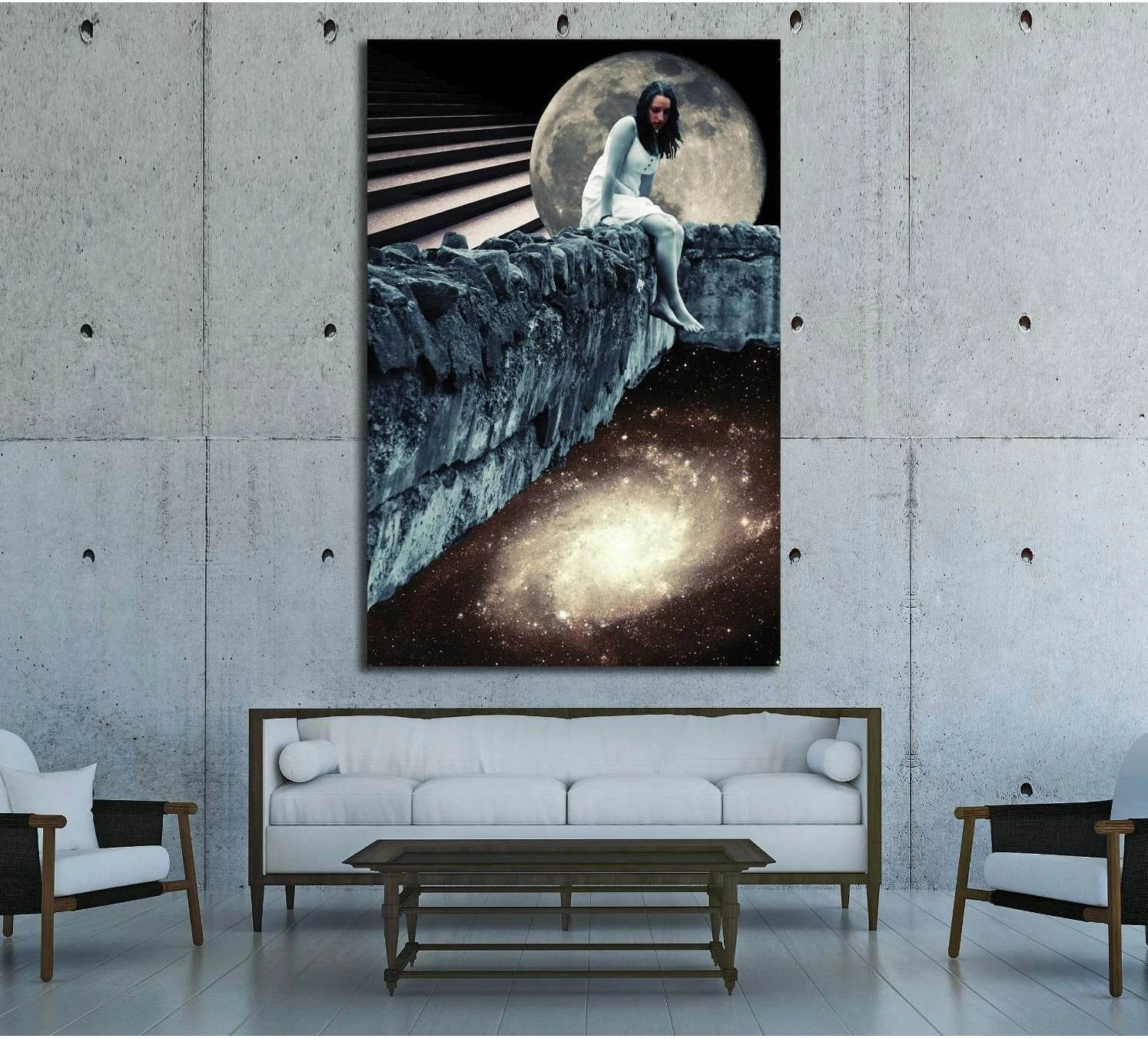 Woman on stone cliff beneath full moon above glowing galaxy surreal canvas print in modern living room