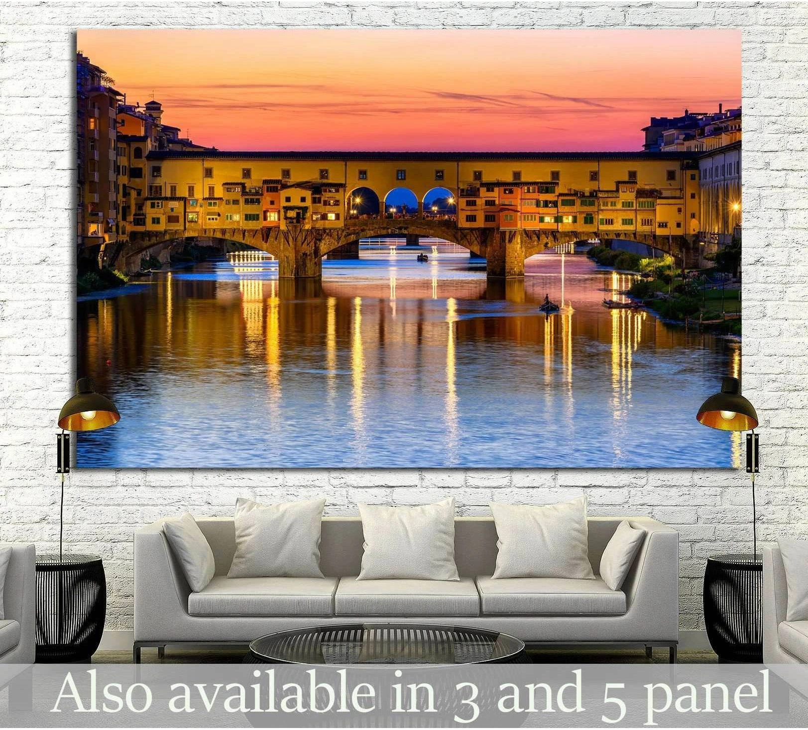Ponte Vecchio canvas print over the Arno River in Florence at sunset above a sofa