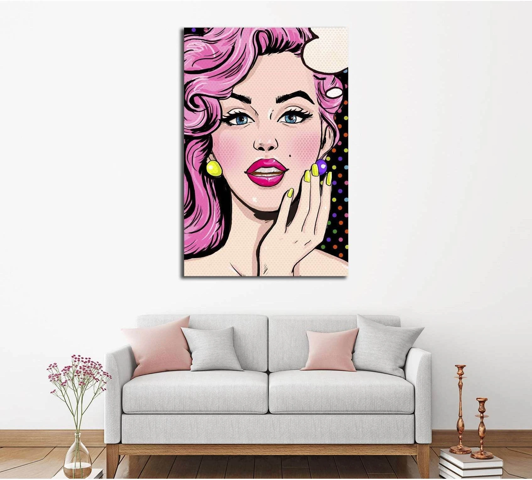 Pop art woman canvas print with pink hair, yellow nails, and comic-book portrait detail