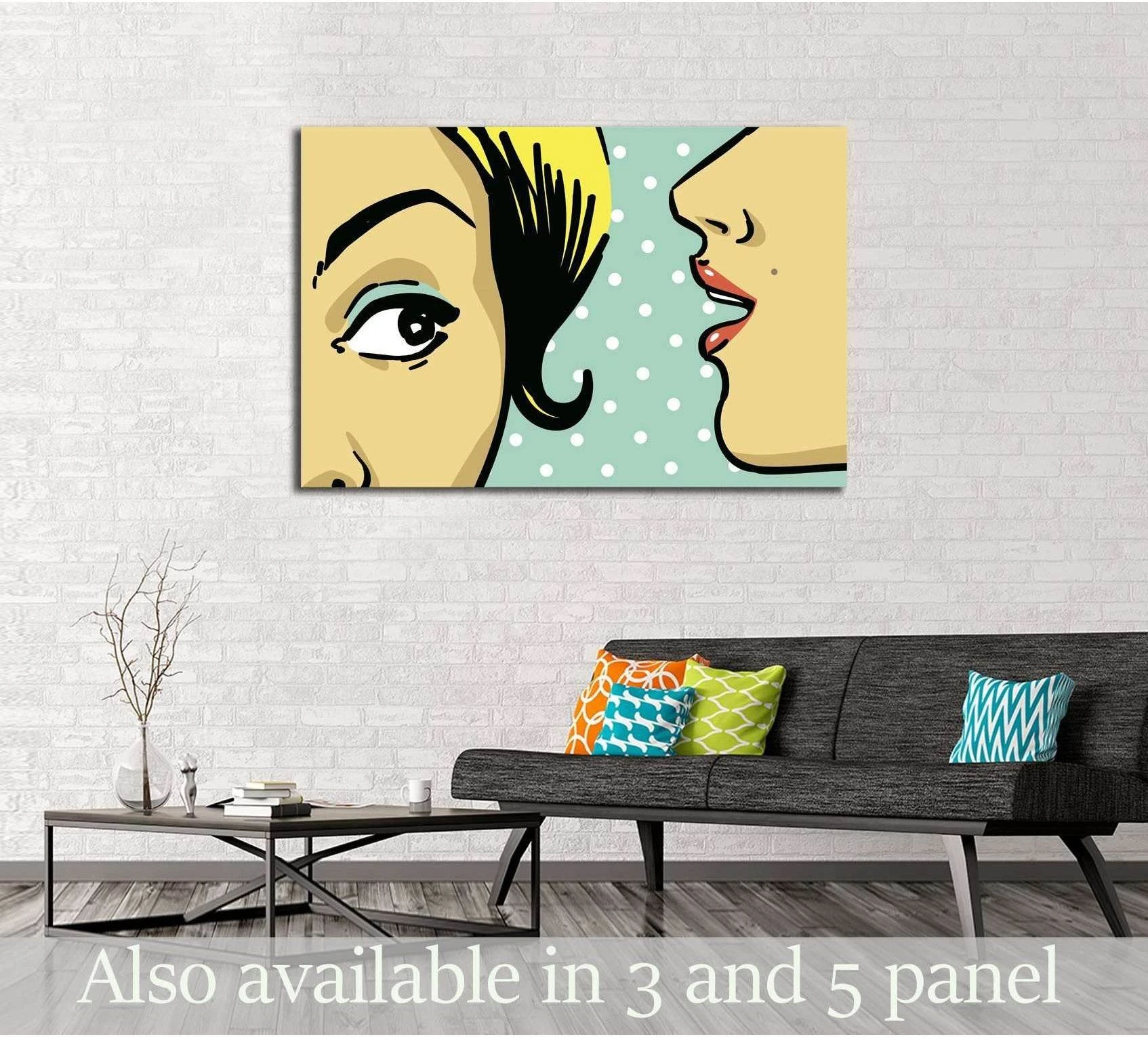 Pop art comic faces canvas print hung above a sofa in a modern living room with mint polka dot background