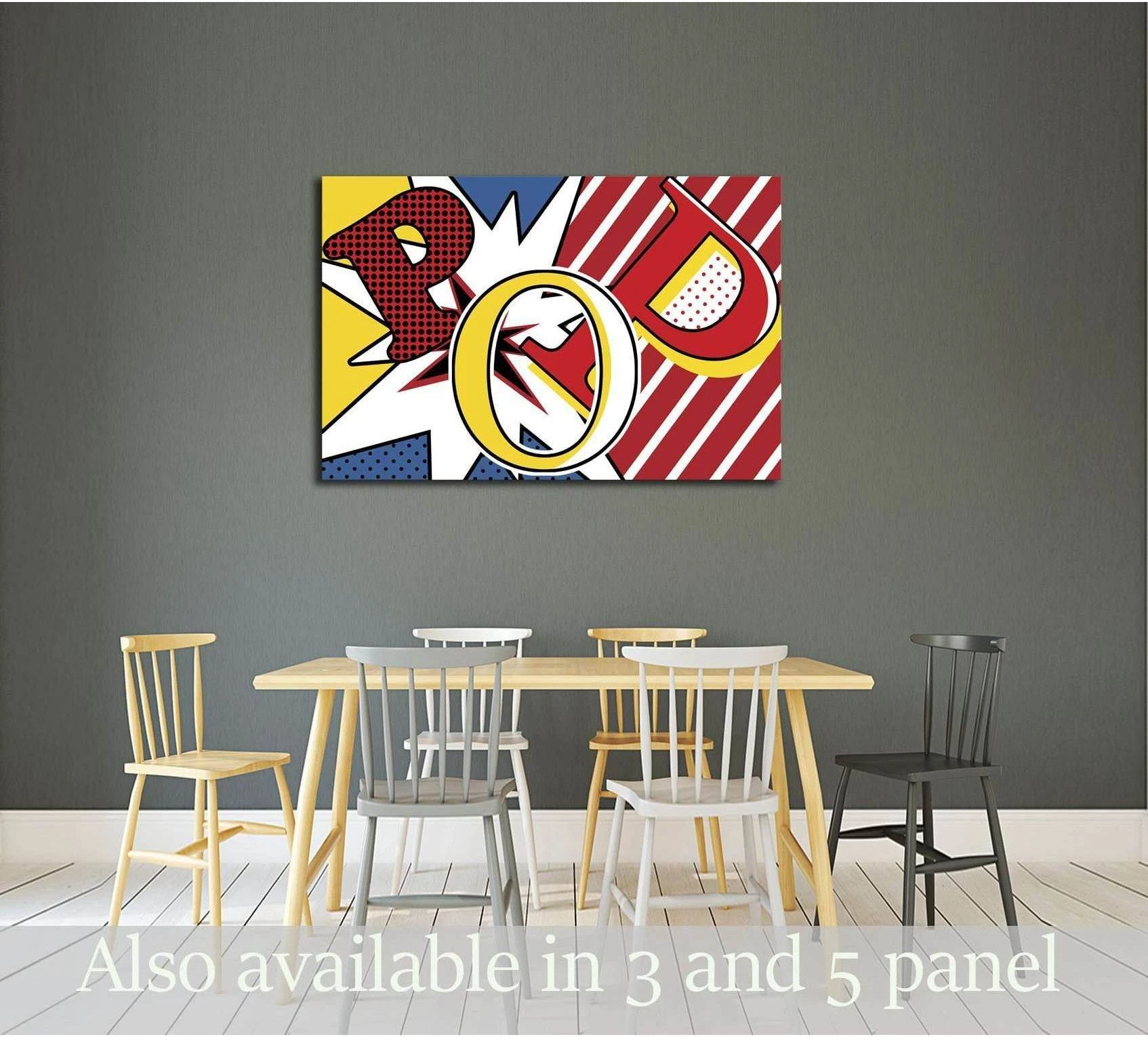 Pop art typography canvas print with comic-style POW letters in red yellow blue and white above a dining table