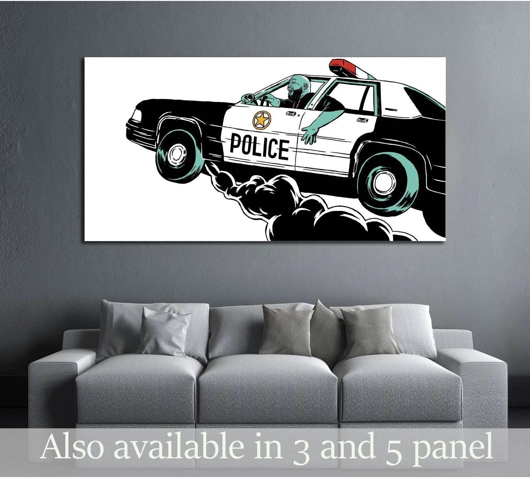 Pop art police car canvas print with teal driver and red siren above a gray sofa