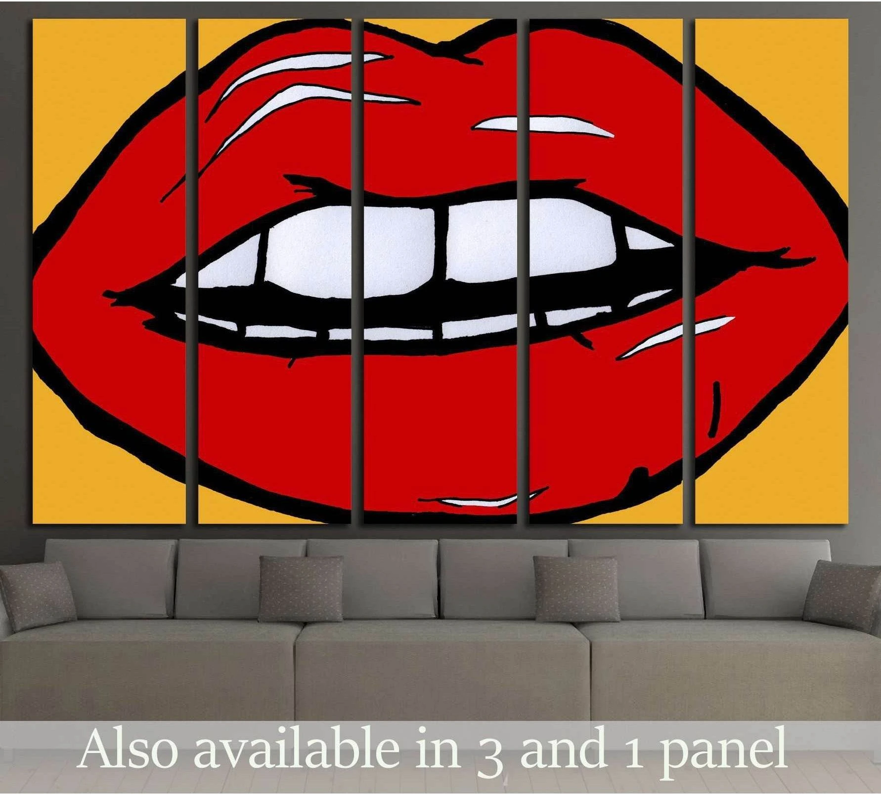Pop art red lips canvas print in red, white, and black on a yellow background above a gray sofa