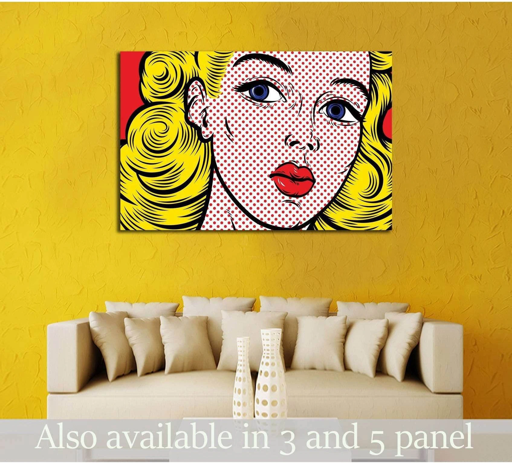 Pop art blonde girl canvas print with red lips, blue eyes, and yellow hair above a beige sofa
