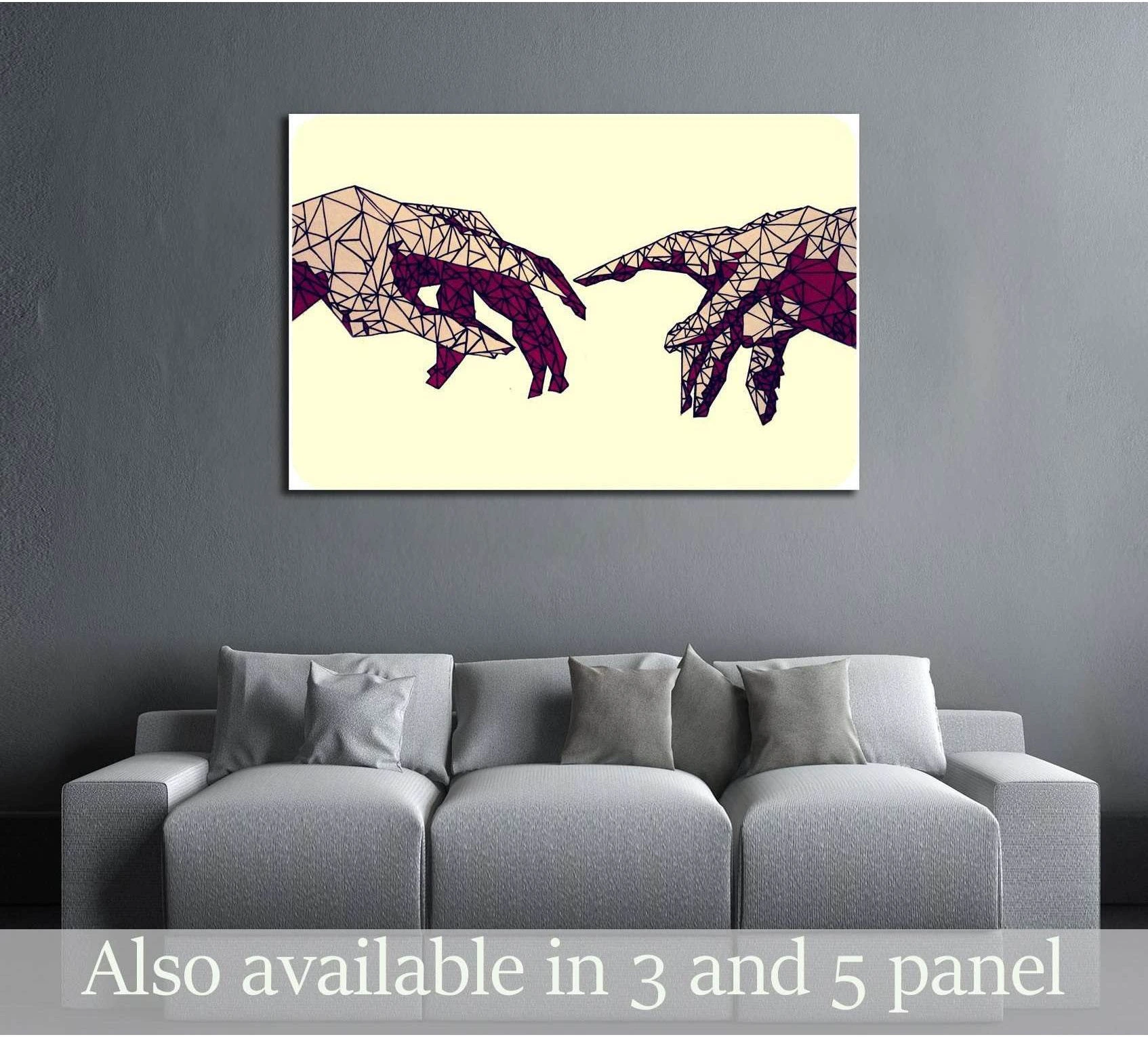 Geometric hands canvas print in burgundy low poly style above a gray sofa in a modern living room