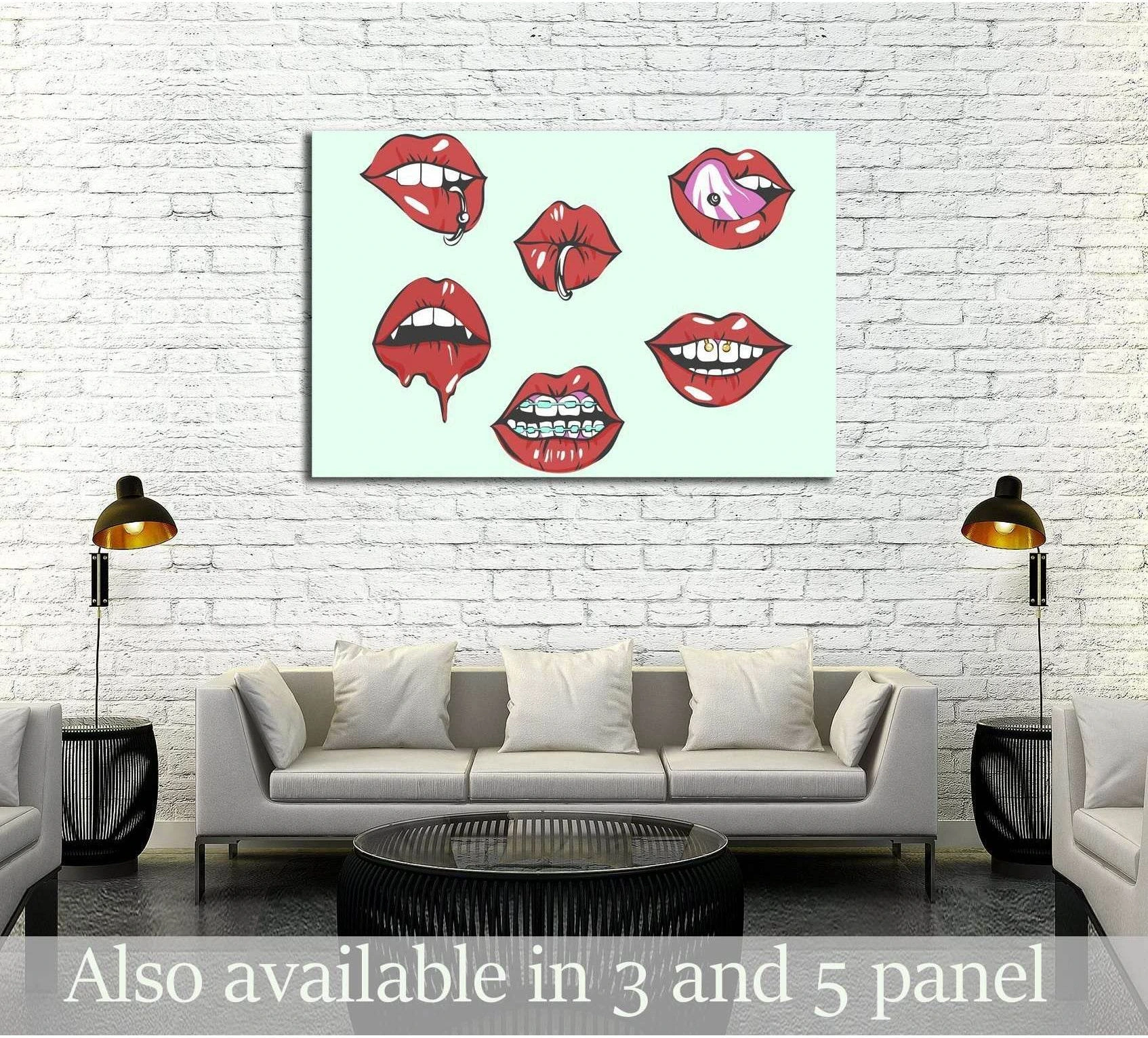 Pop art lips canvas print with red lip illustrations on mint background above a sofa