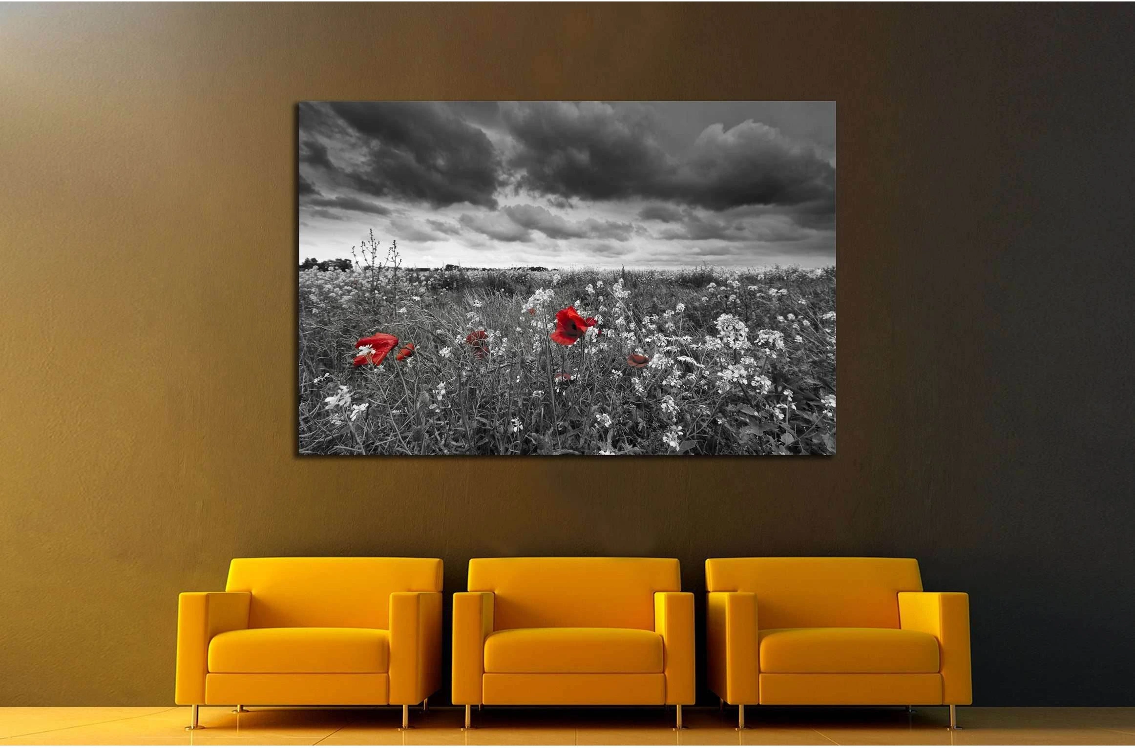 Poppies in a field in black and white №2670 Ready to Hang Canvas Print - Zellart Canvas Prints ALL_Products, s-2670