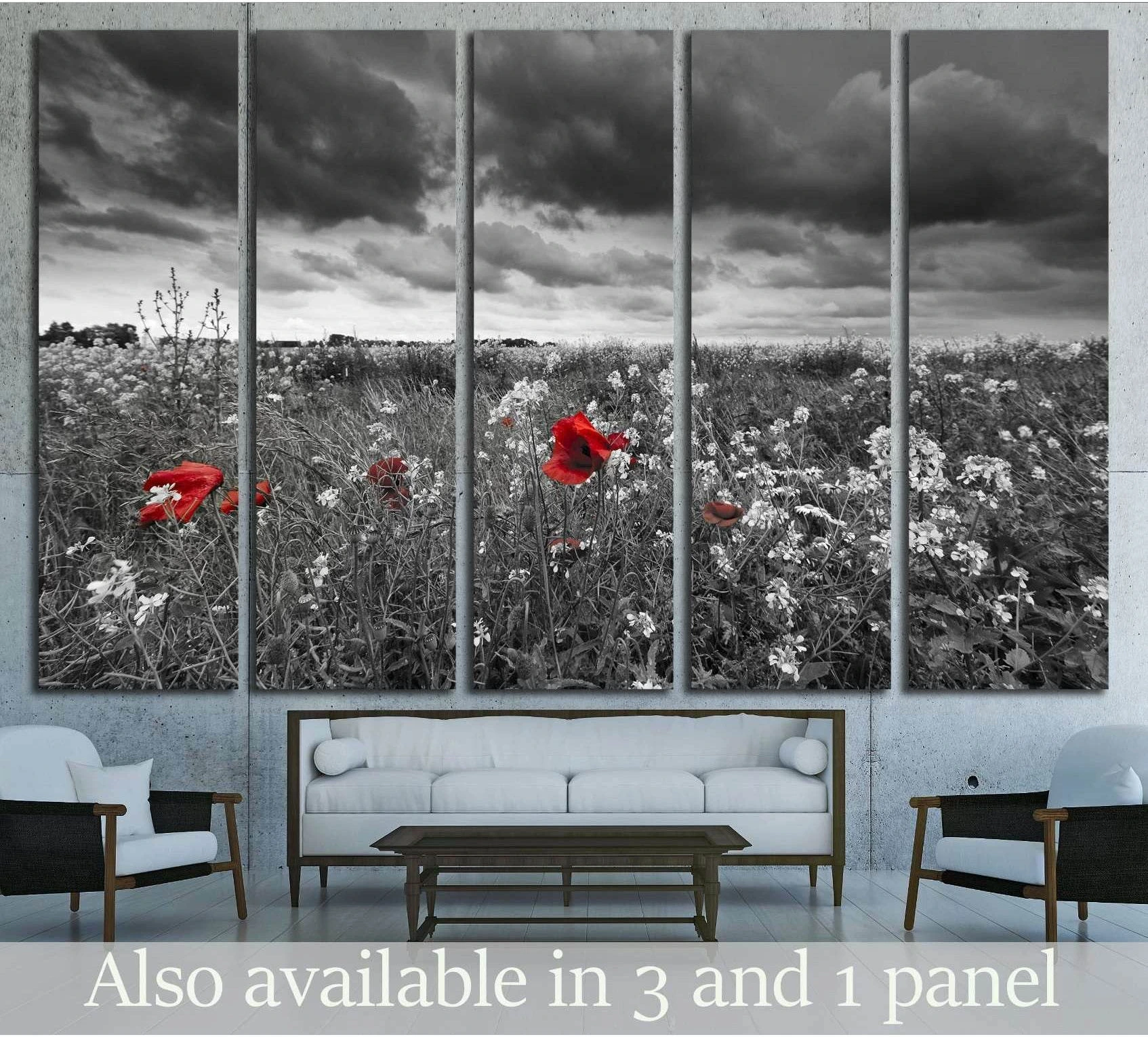 Black and white poppy field canvas print with red flowers hung above a sofa in a modern living room
