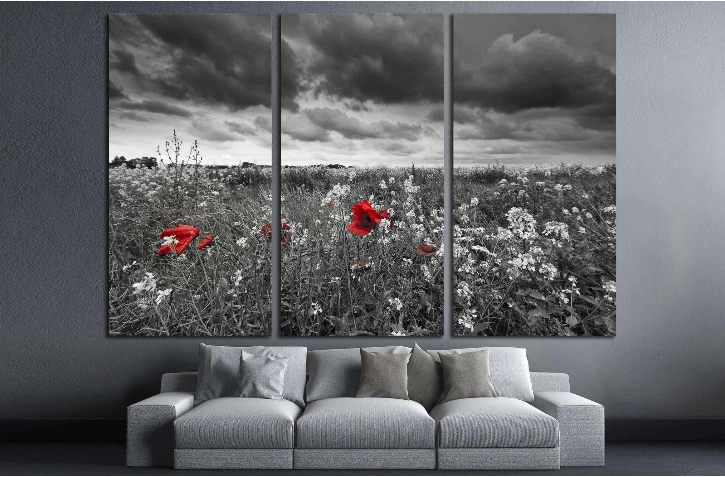 Poppies in a field in black and white №2670 Ready to Hang Canvas Print - Zellart Canvas Prints ALL_Products, s-2670