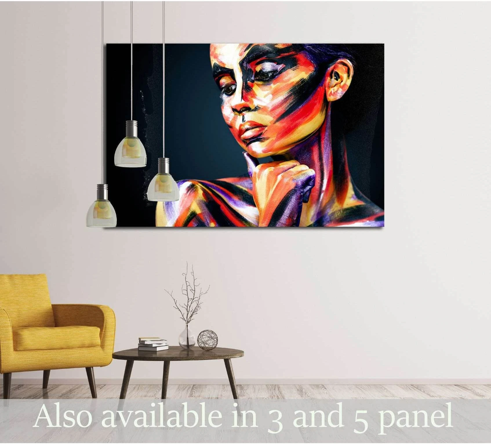 Colorful woman portrait canvas print with vivid face paint on black background in modern living room
