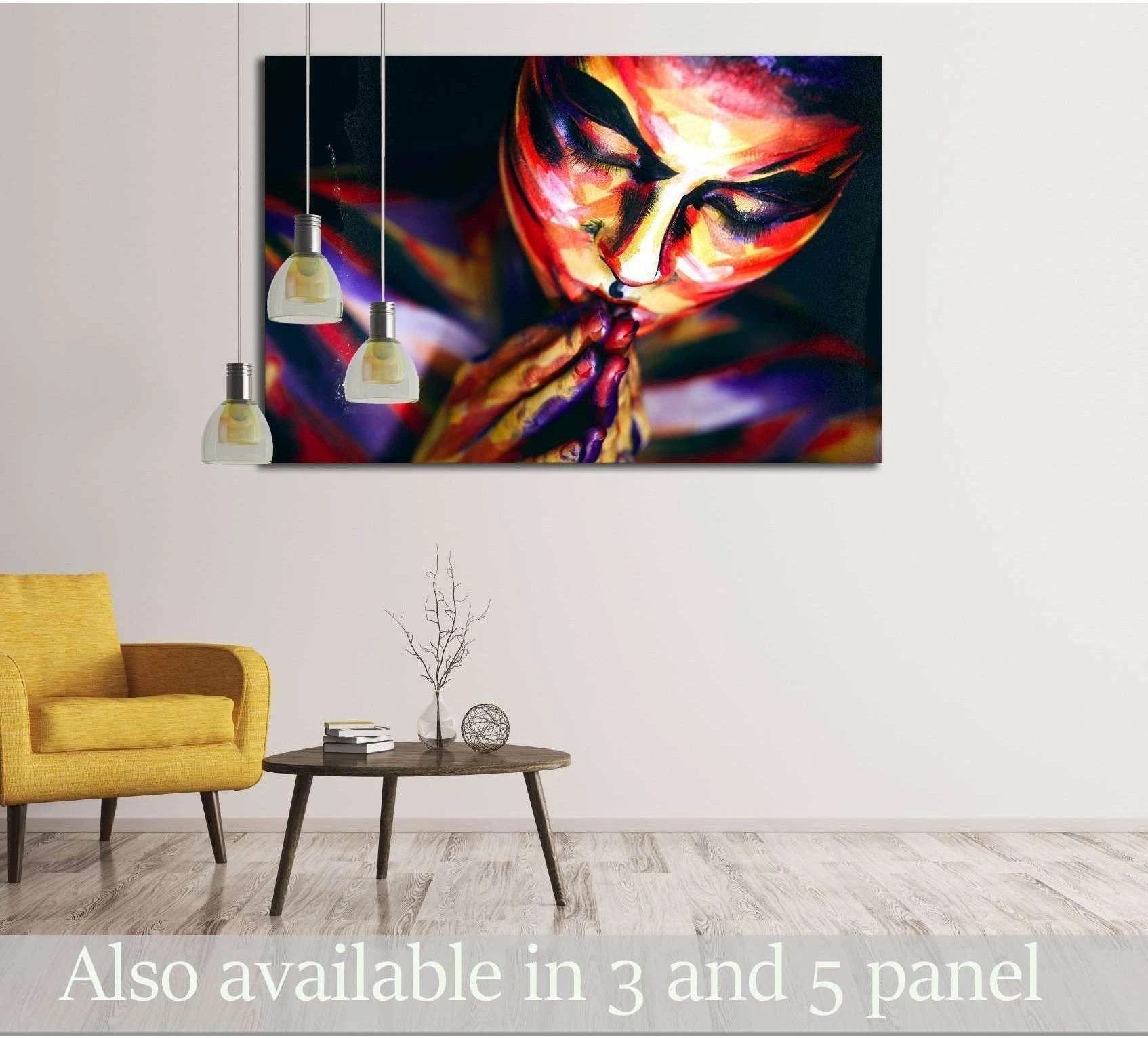 Colorful woman portrait canvas print with vivid body paint and closed eyes in a modern living room
