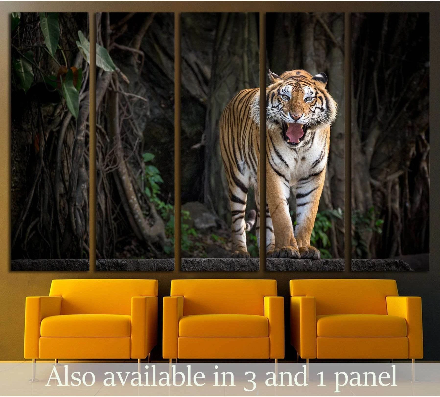 Tiger canvas print split across five panels above mustard chairs in a modern office waiting room