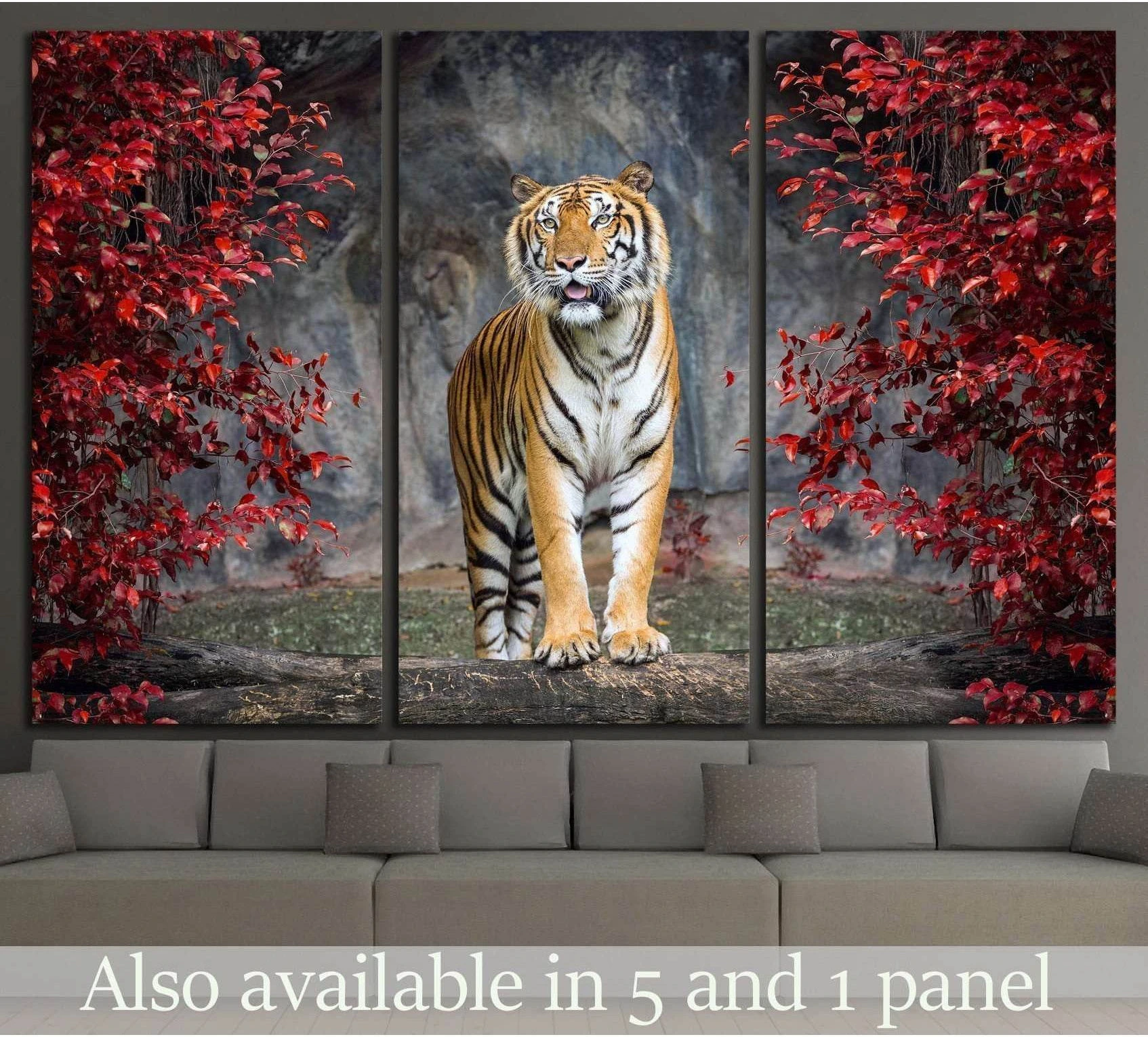 Tiger portrait canvas print with red foliage and misty forest backdrop above a sofa