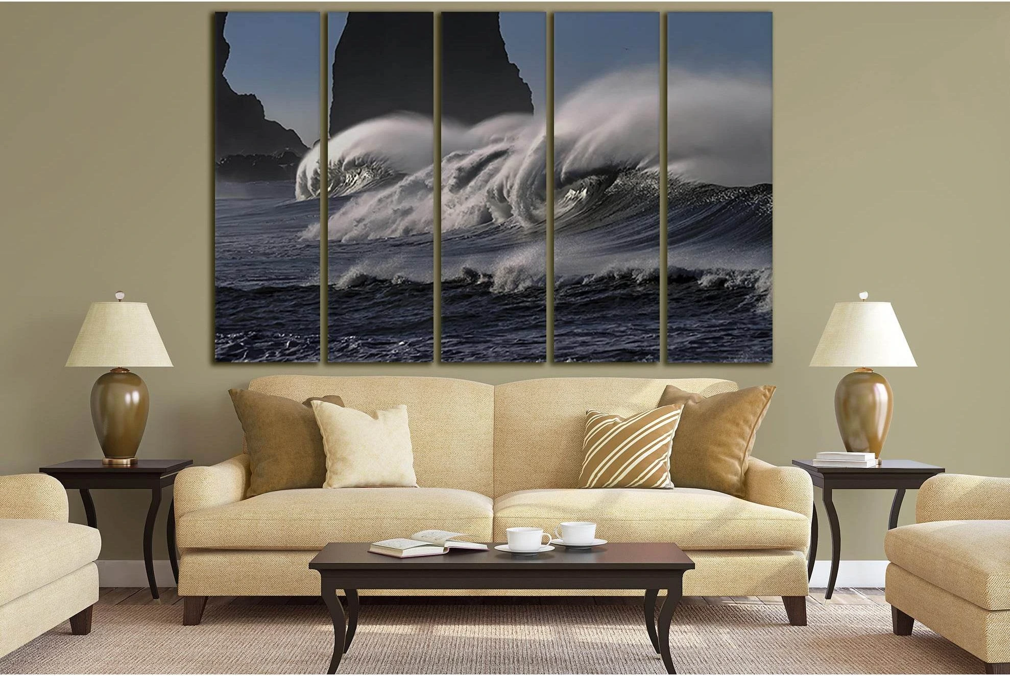 Dramatic Ocean Waves Canvas Print Wall Art (5 Panels) showing ocean water, wave movement and surf.