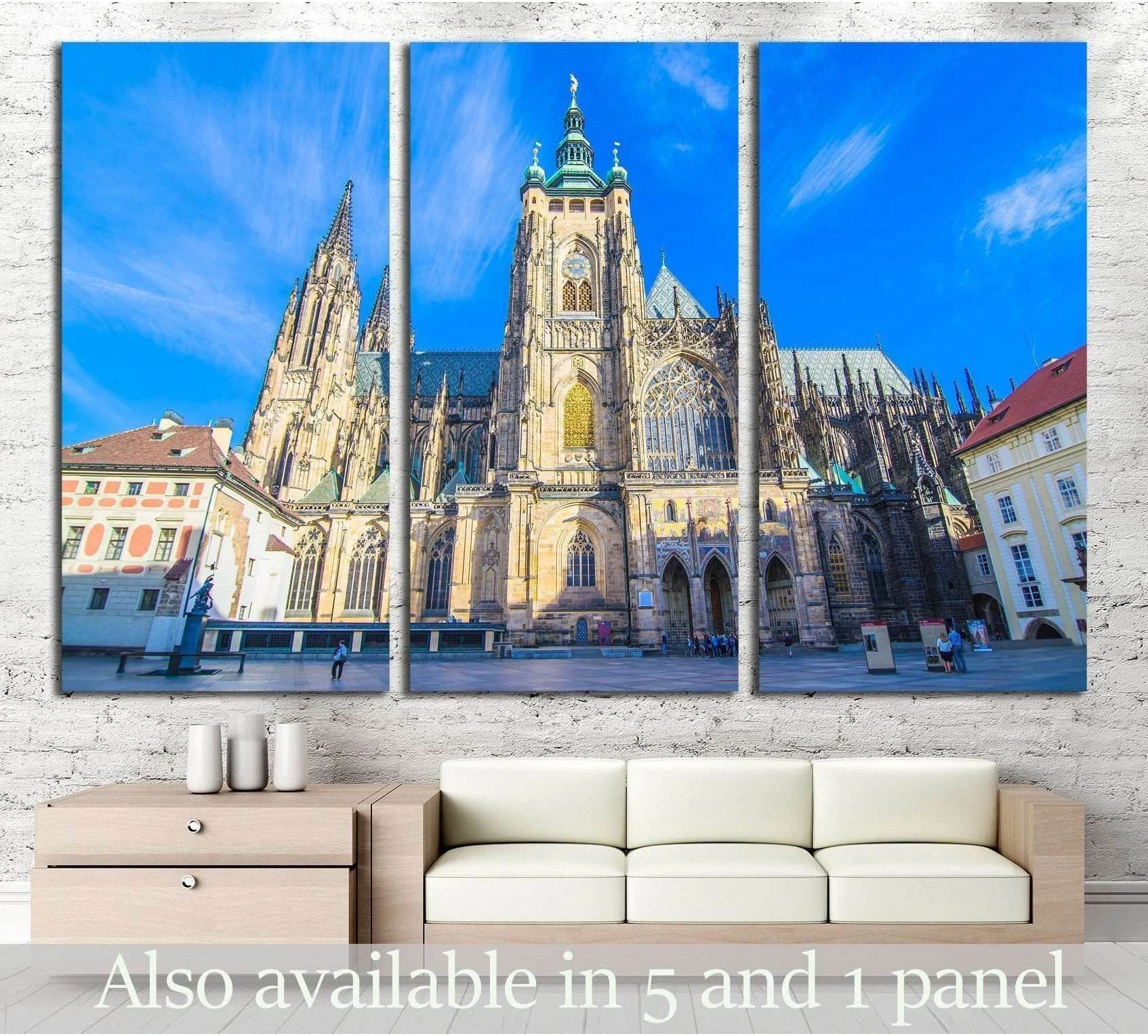 Prague St Vitus Cathedral triptych canvas print above sofa in a modern living room