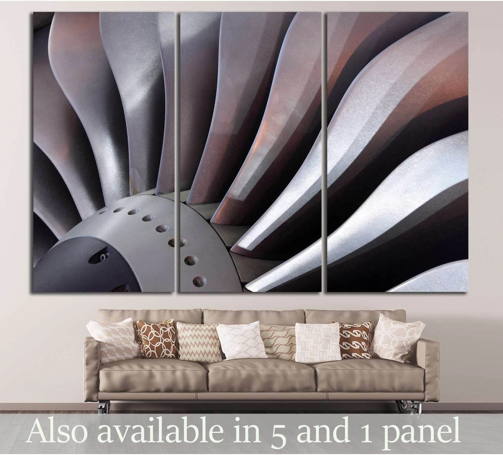 Close-up turbine blade canvas print with metallic steel tones displayed above a sofa in a modern living room
