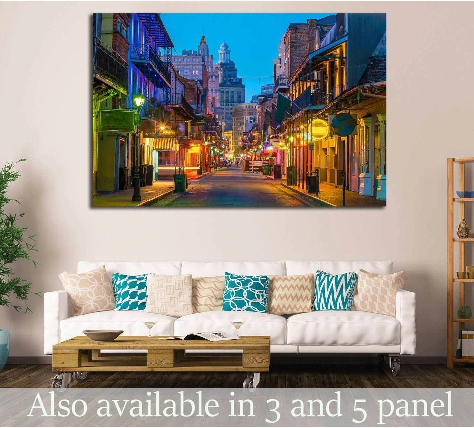 Bourbon Street New Orleans canvas print with neon-lit bars above a sofa in a modern living room