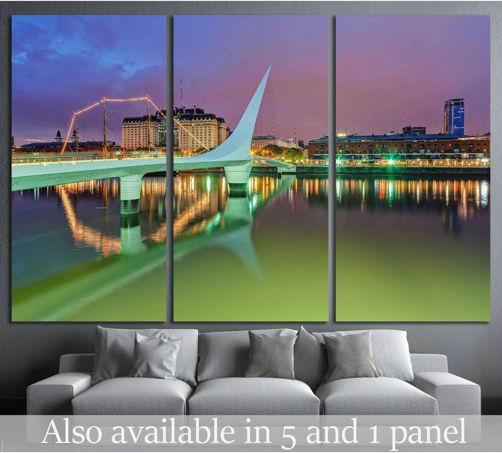 Puente de la Mujer in Puerto Madero at night canvas print above sofa in modern living room