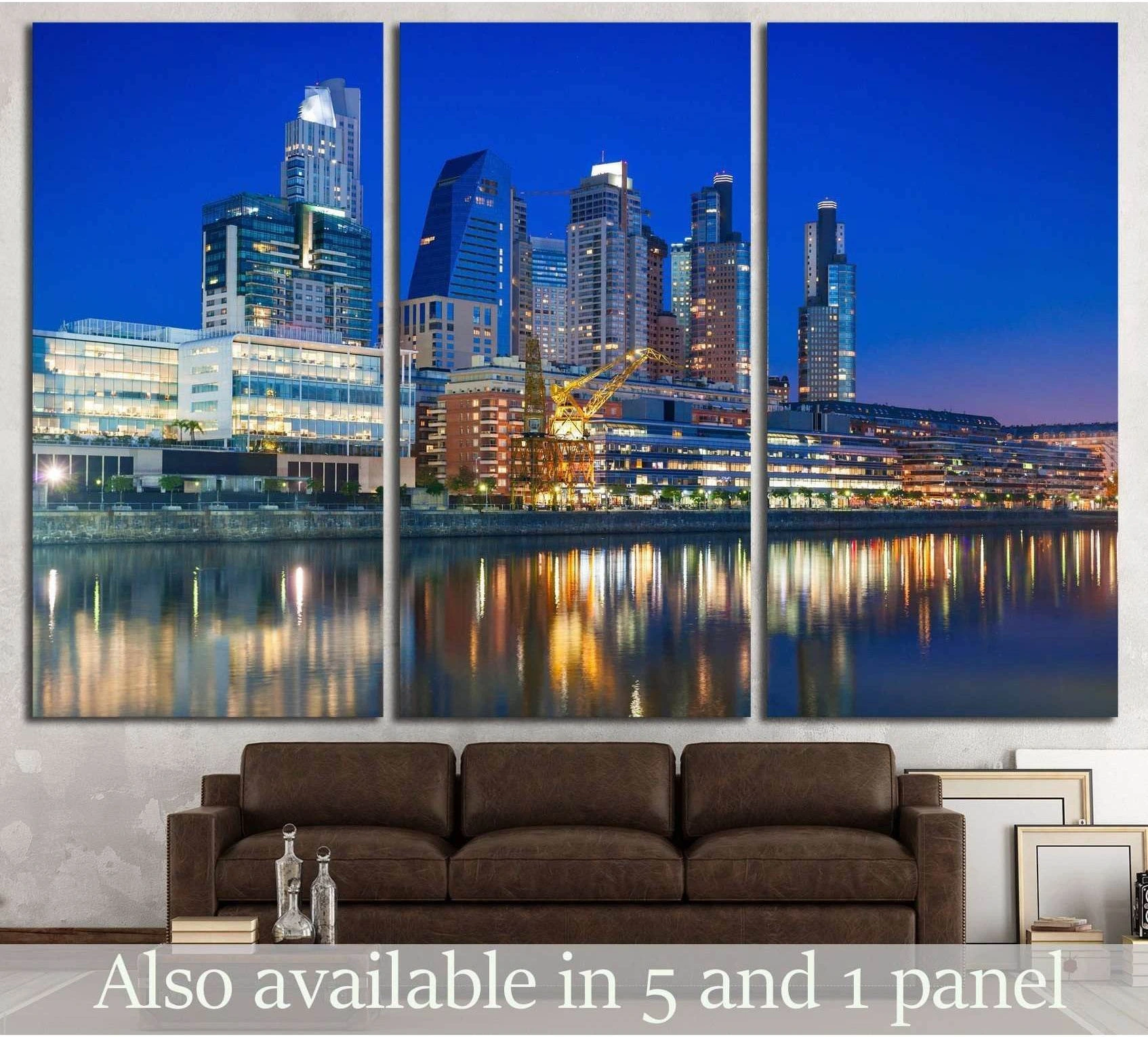 Puerto Madero Buenos Aires skyline triptych canvas print above sofa with waterfront reflections