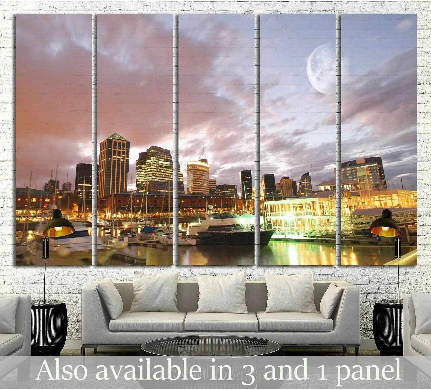 Puerto Madero Buenos Aires skyline canvas print above sofa with marina at pink dusk