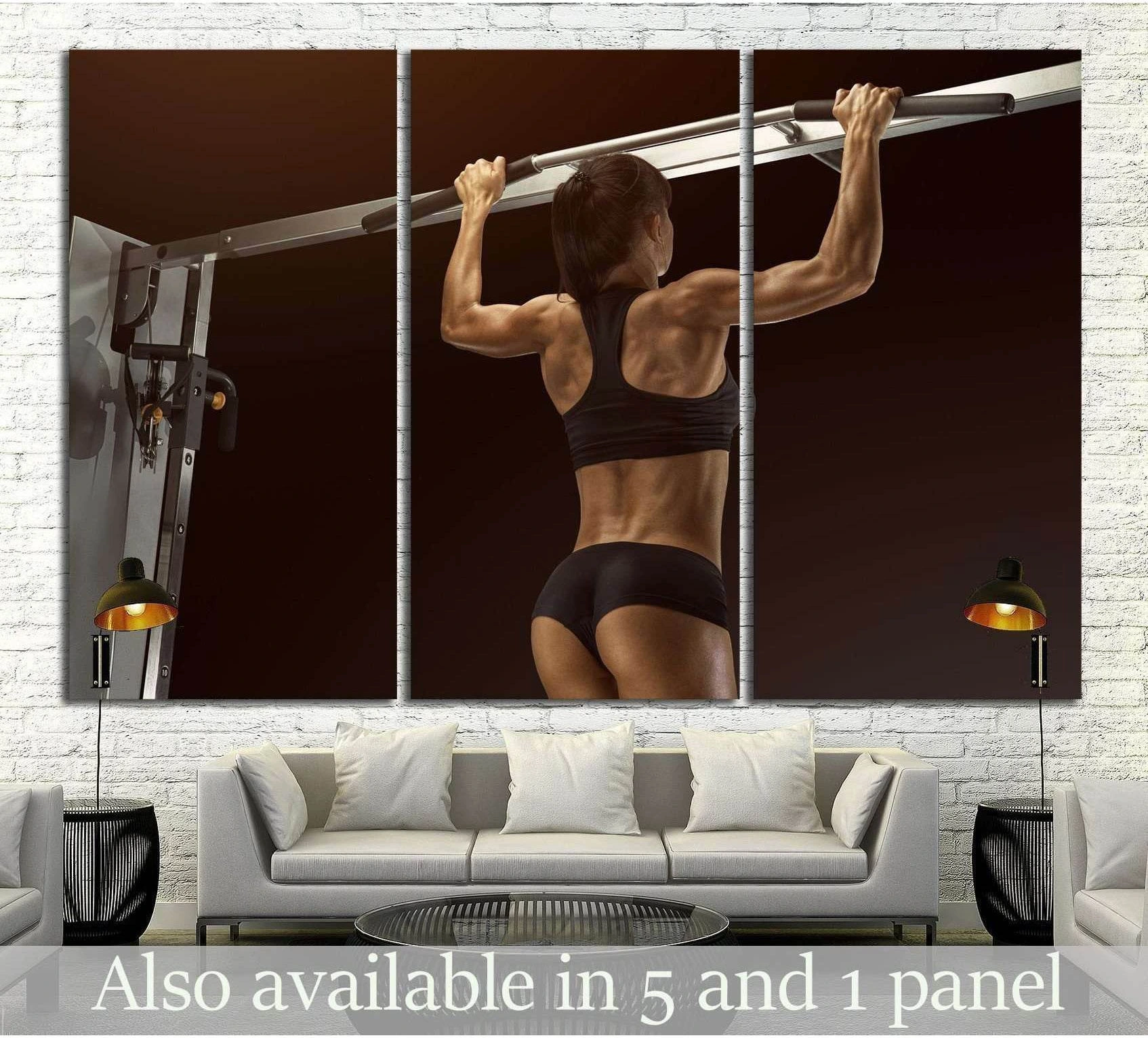 Triptych pull up workout canvas print with athletic woman on bar in a modern gym room