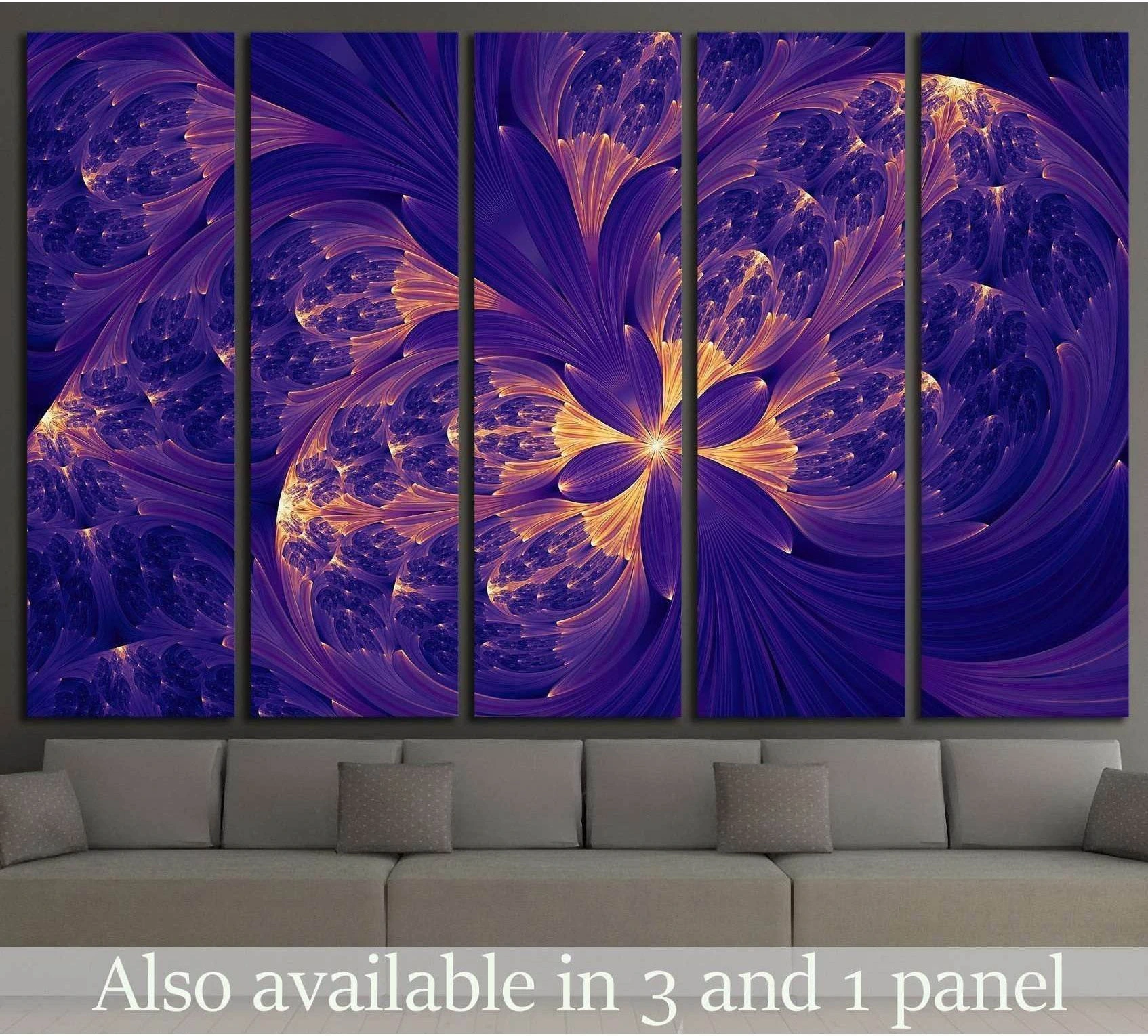 Purple abstract flower canvas print with glowing gold fractal petals above a gray sofa