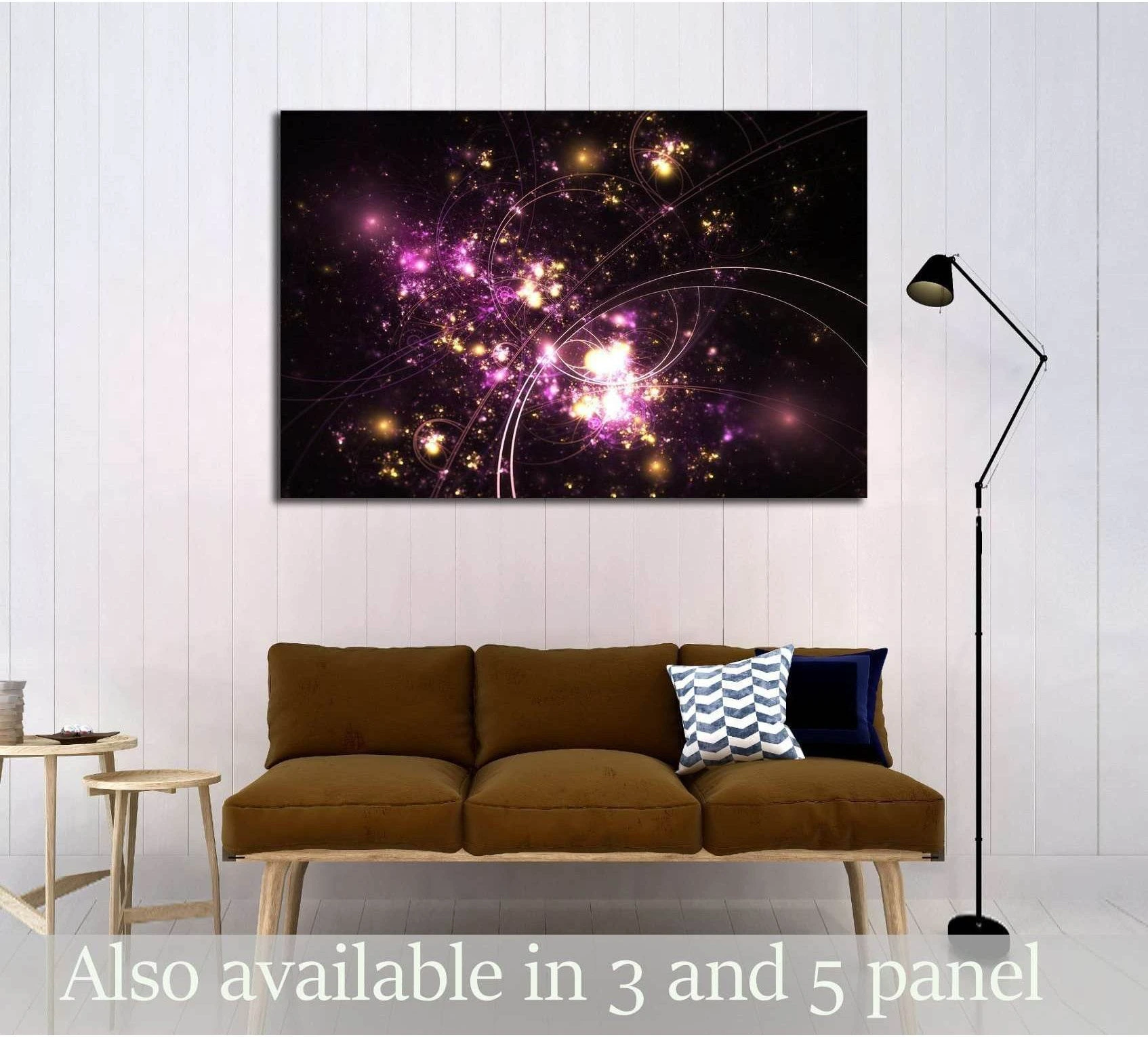 Purple and gold fractal canvas print glowing above sofa in a modern living room