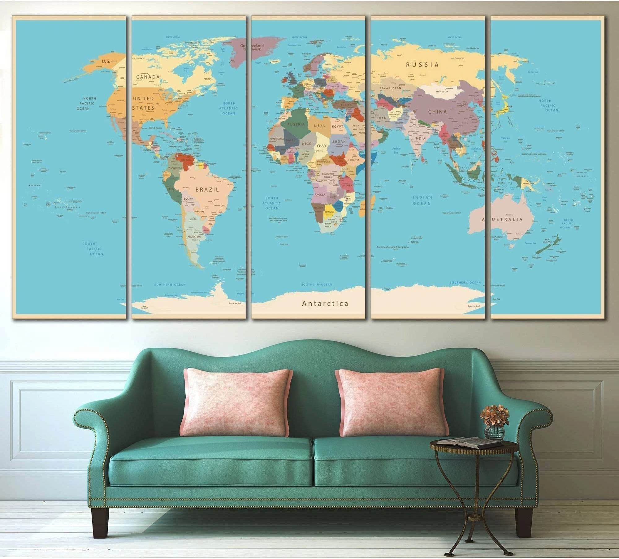 Push Pin World Map selected for maps and navigation memory in modern nautical wall art.