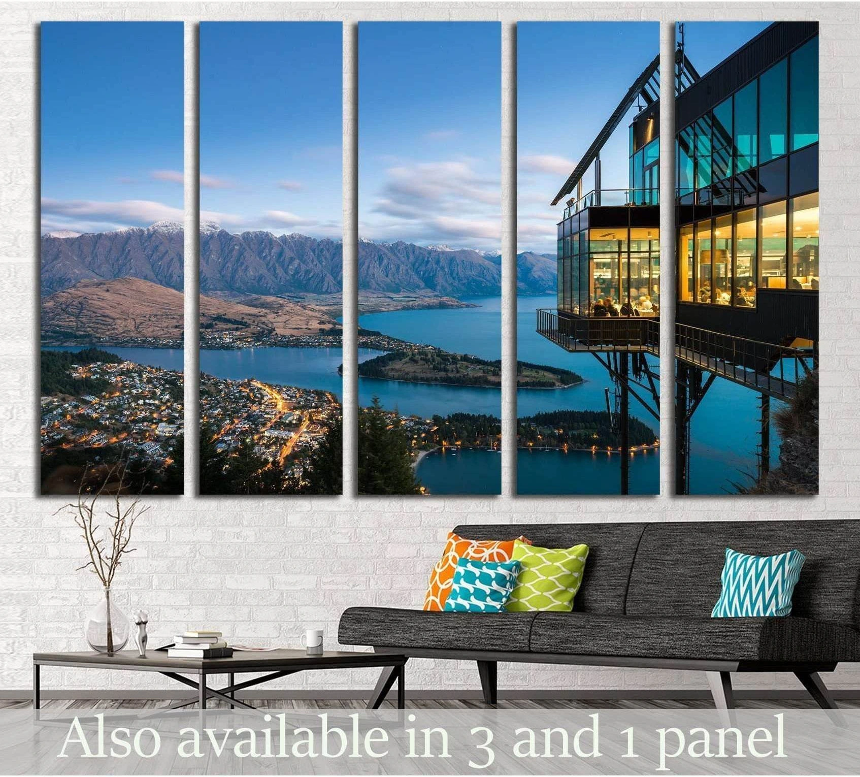 Queenstown Lake Wakatipu canvas print with mountain panorama and modern hillside building at dusk