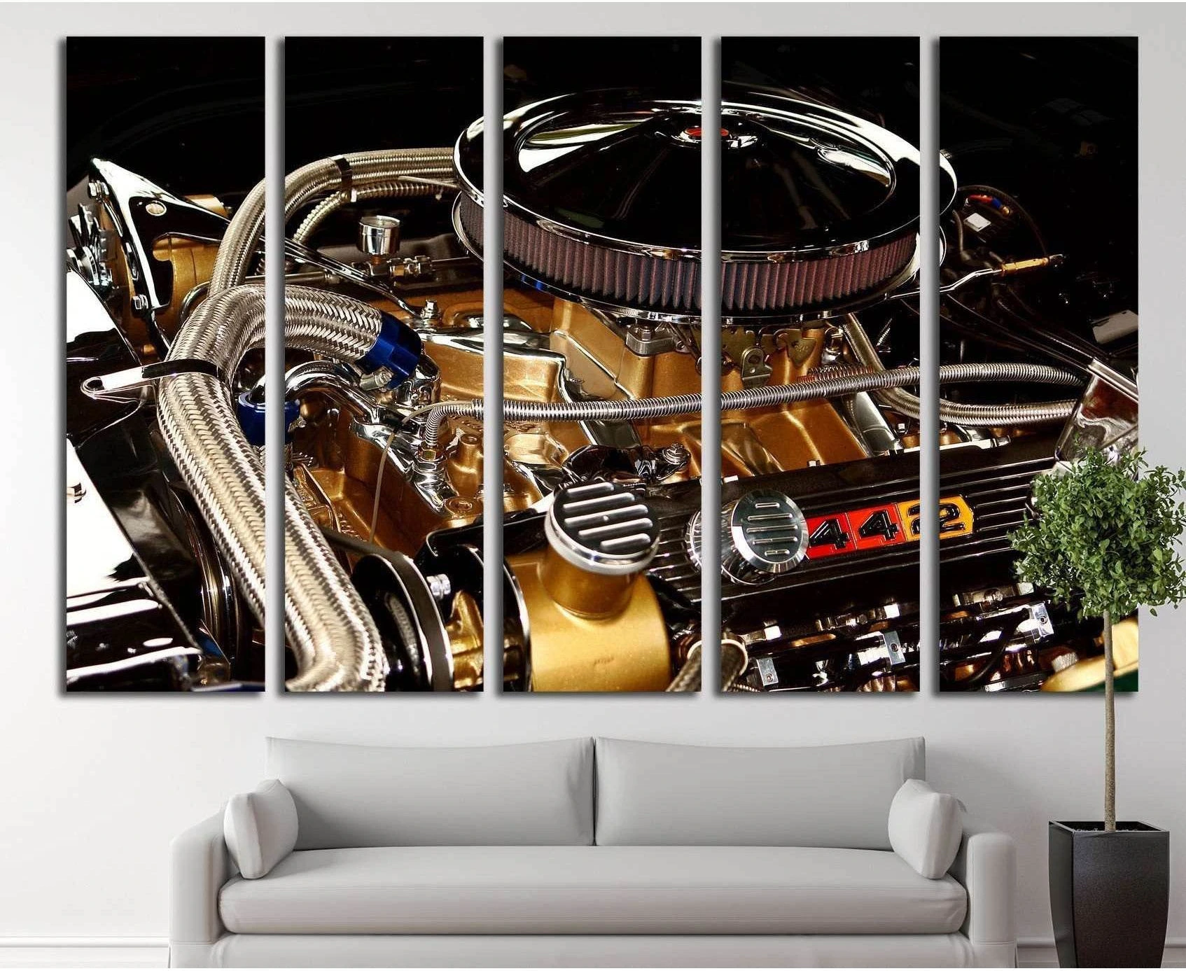 Classic muscle car engine canvas print with gold block, chrome air cleaner, and 440 badge above sofa