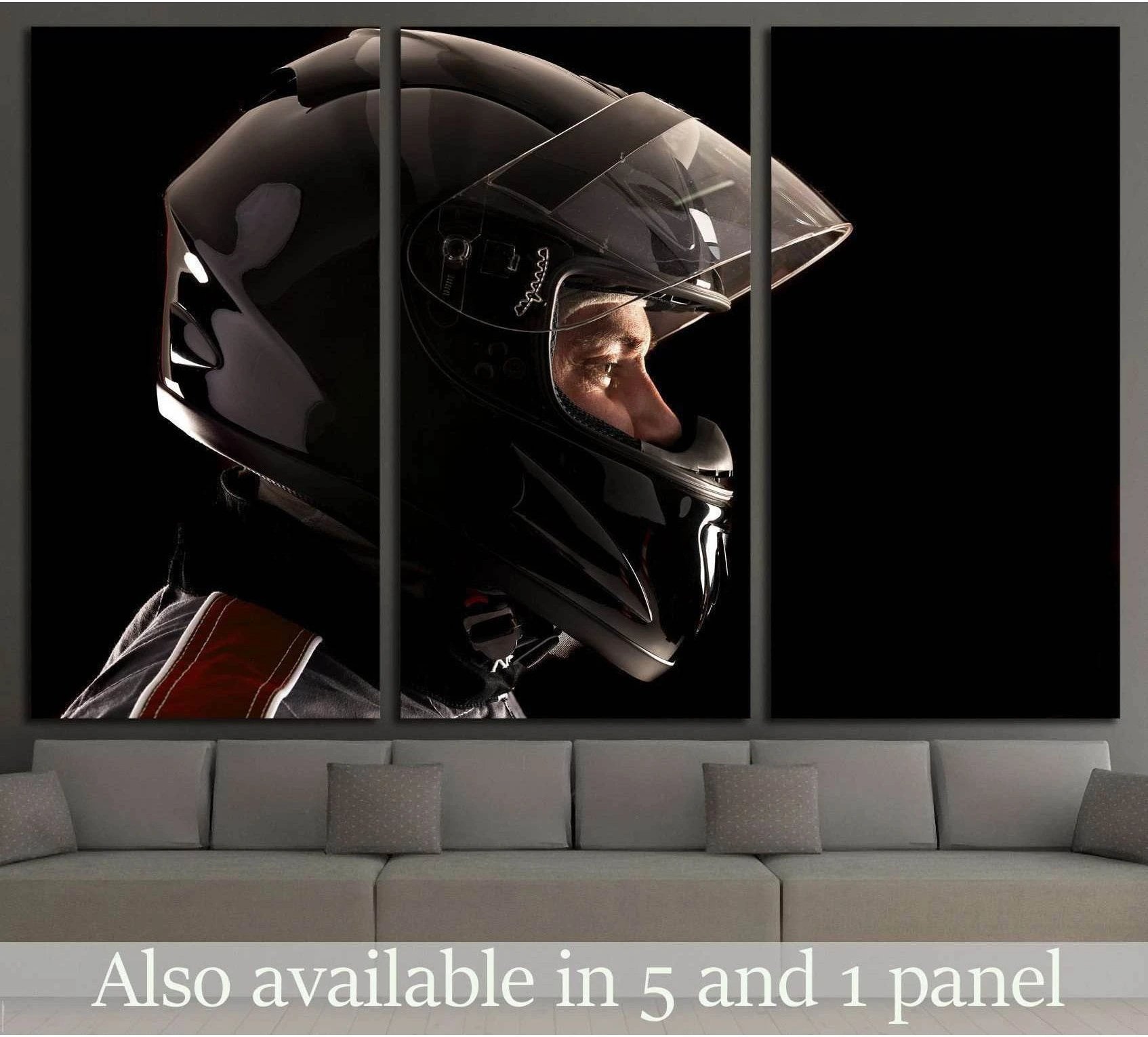 Racing driver in black full-face helmet side profile canvas print above sofa in modern room