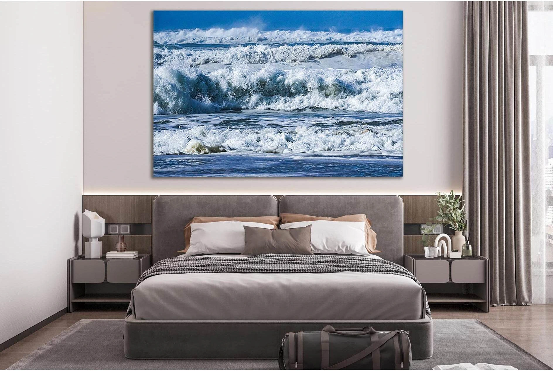 Blue Ocean Waves Wall Art Canvas Print with White Foam showing ocean water, wave movement and surf.