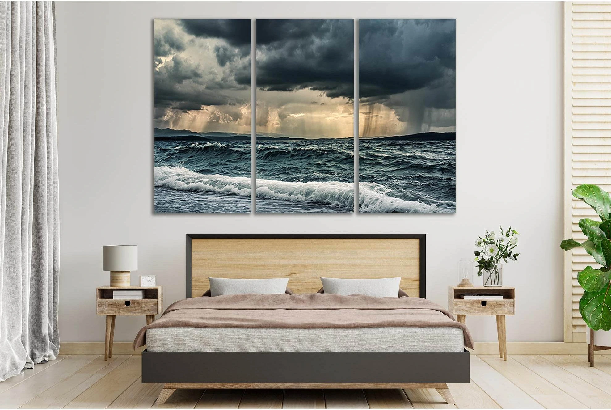 Stormy Ocean Rain Canvas Print Wall Art in Blue-Grey Tones showing ocean water, wave movement and surf.