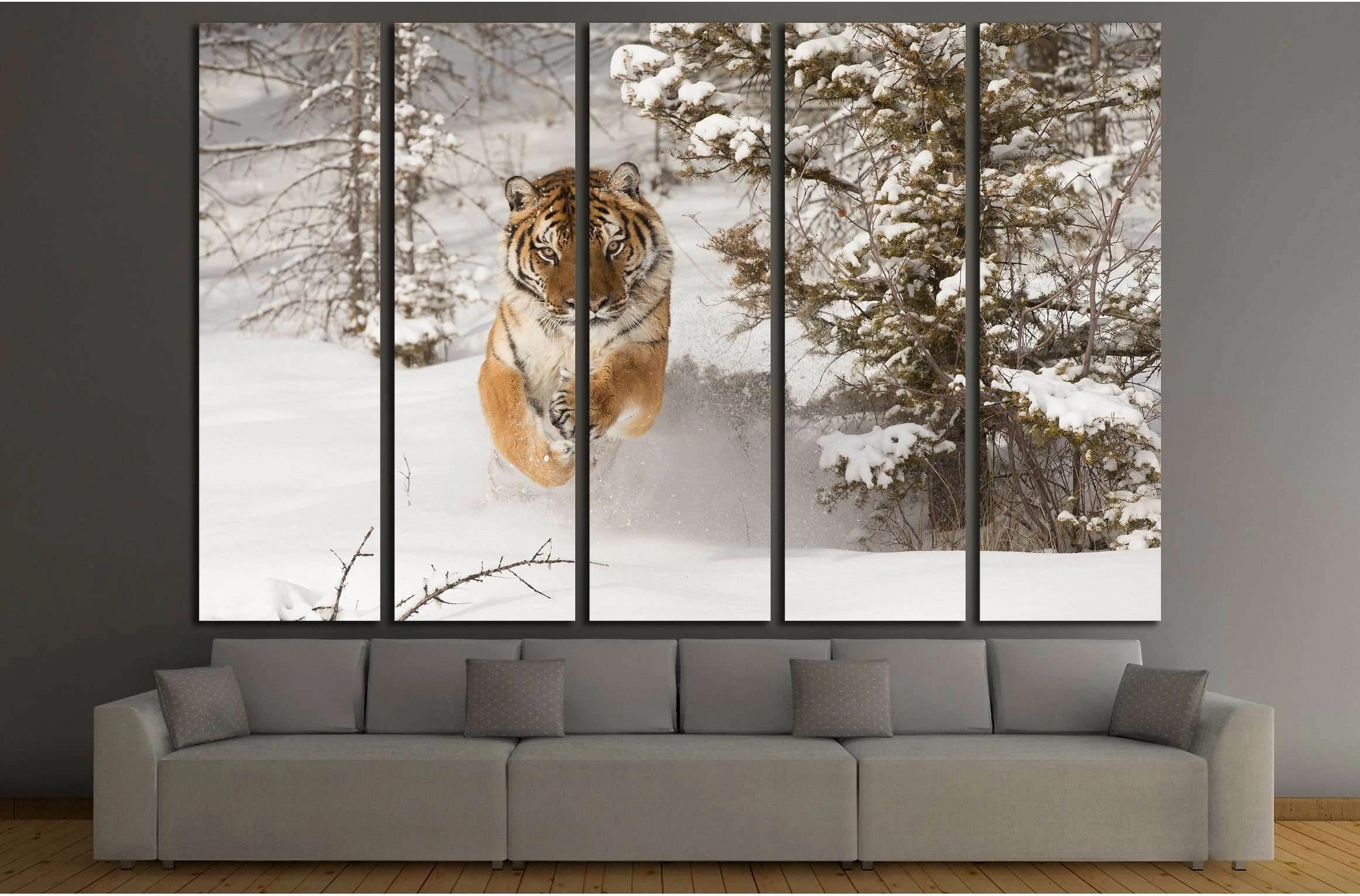 Rare Siberian Tiger running in snow between trees №2344 Ready to Hang Canvas Print - Zellart Canvas Prints ALL_Products, s-2344, Tiger