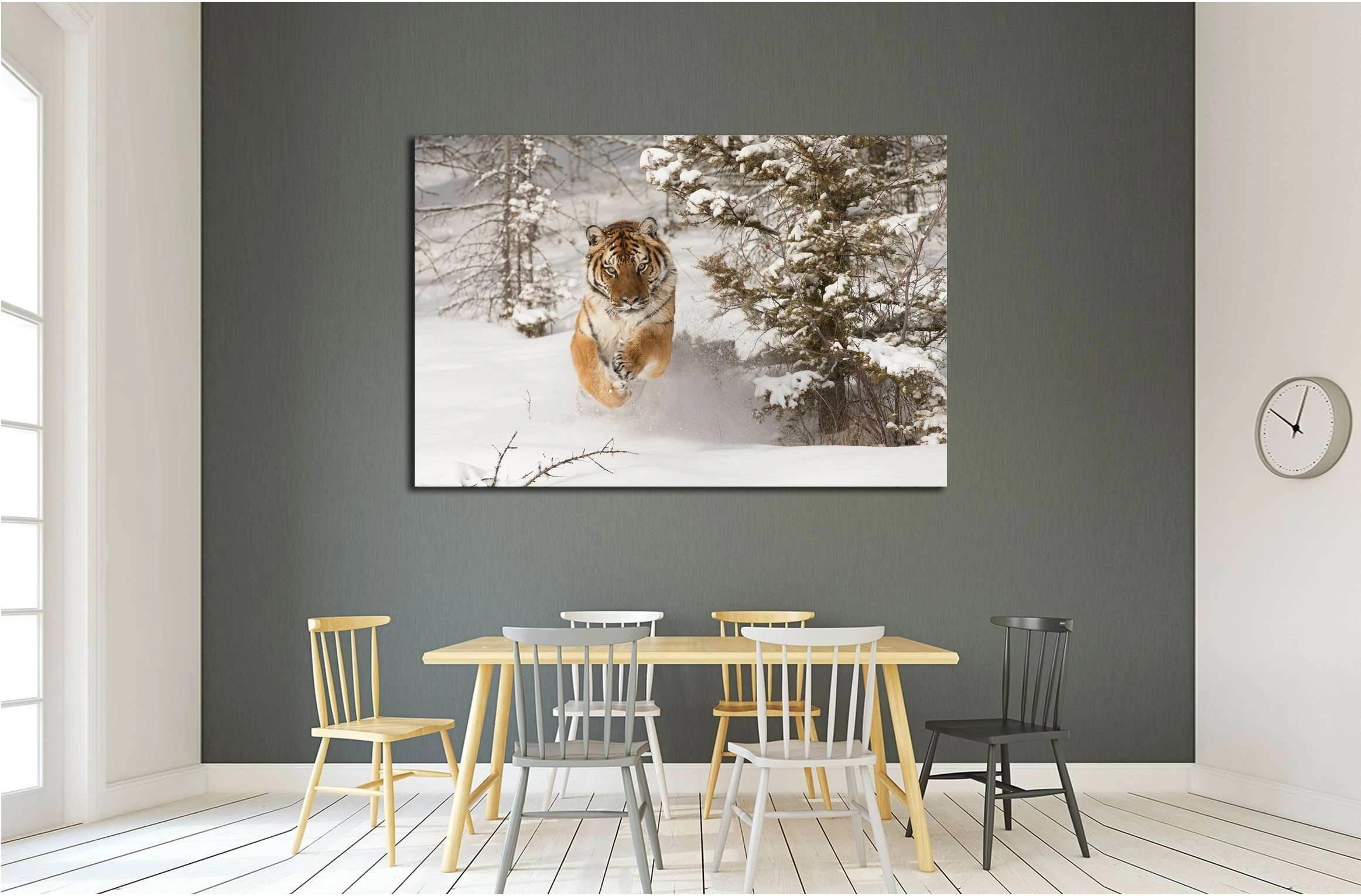 Rare Siberian Tiger running in snow between trees №2344 Ready to Hang Canvas Print - Zellart Canvas Prints ALL_Products, s-2344, Tiger
