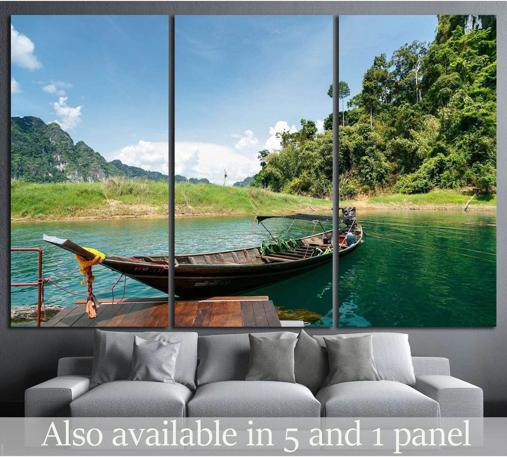 Ratchaprapa Dam longtail boat canvas print above sofa with emerald water and tropical jungle
